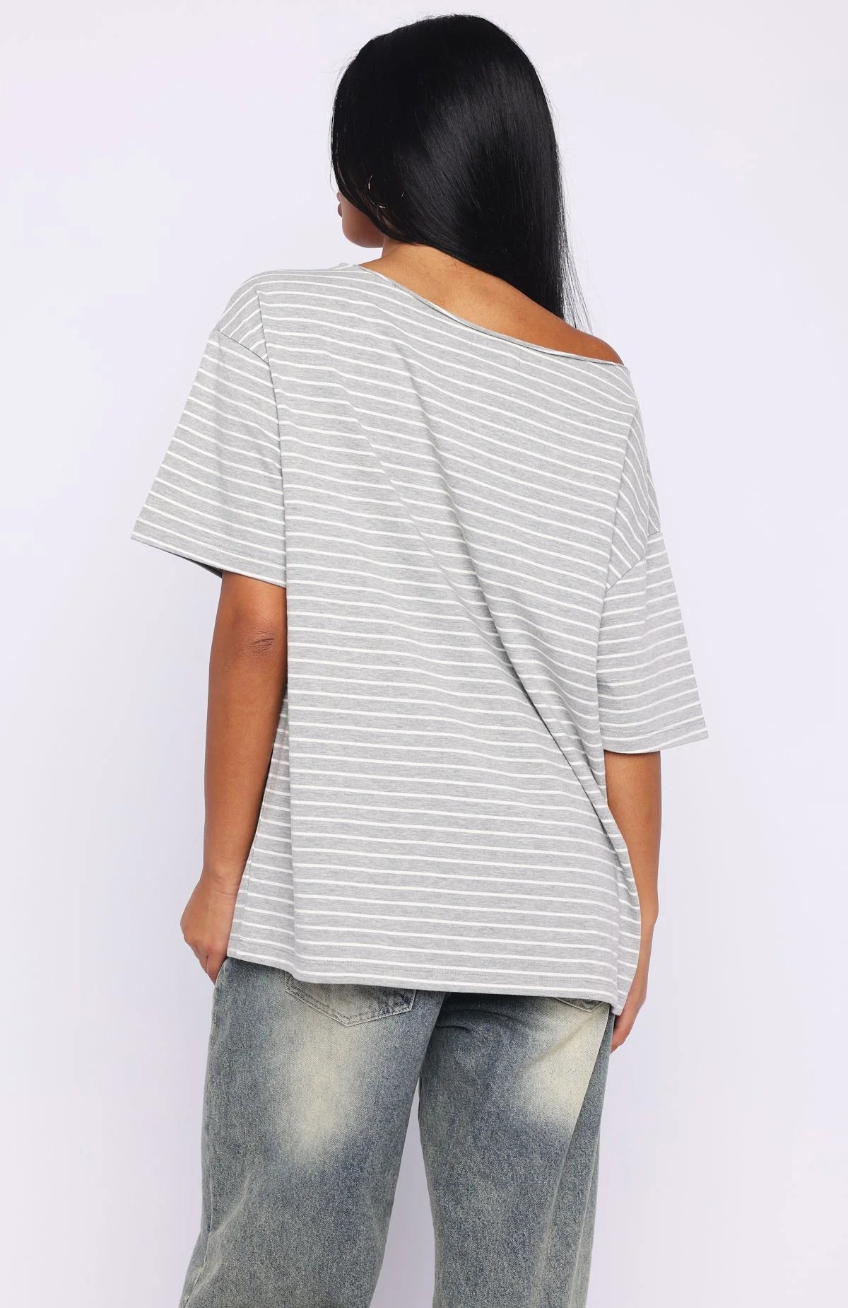 Give Me Options Off Shoulder Tee Grey White Stripe