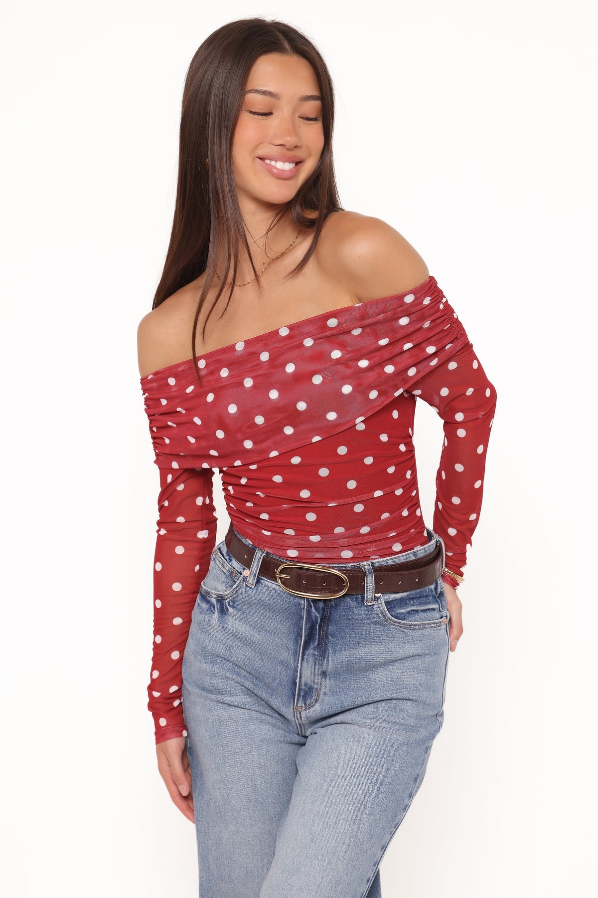 Caelira Off Shoulder Top Red Polka Dot