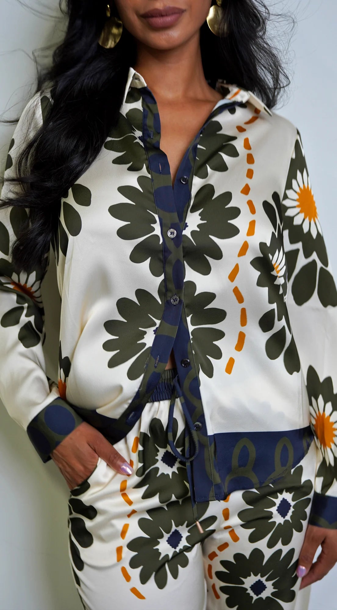 Vivaan Floral Print Satin Set Cream