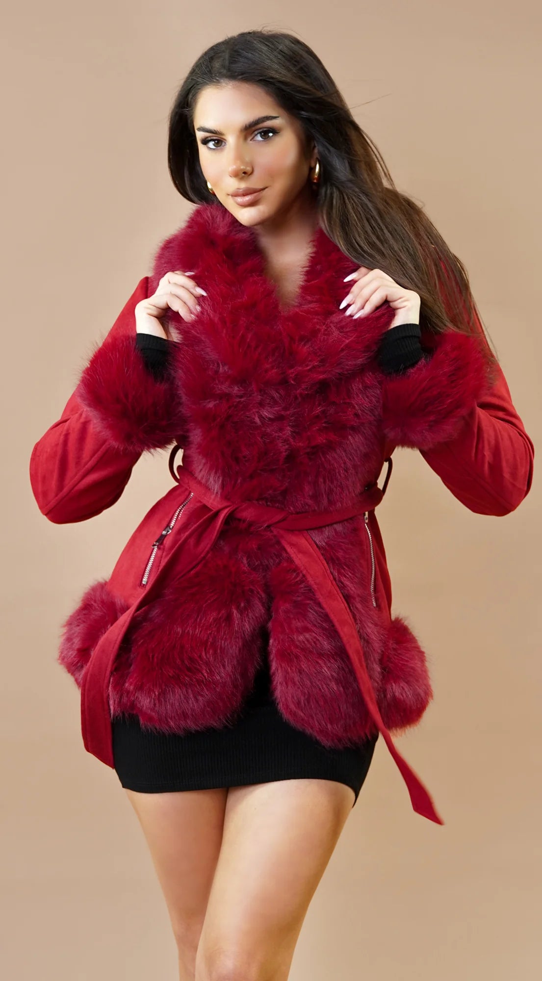 Velouria Faux Suede Fur Coat Red