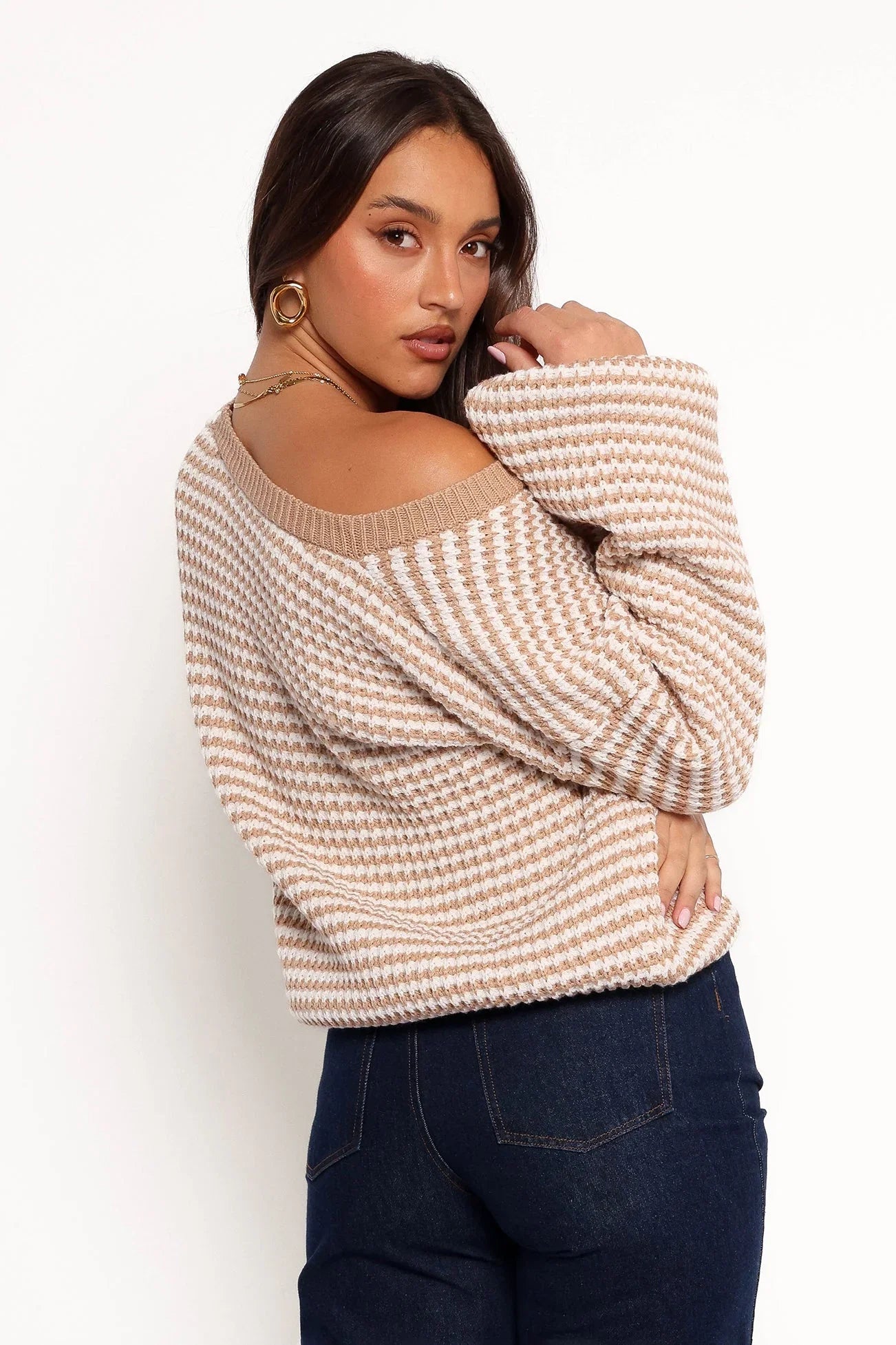 Becca Crewneck Waffle Stitch Stripe Knit Sweater Tan