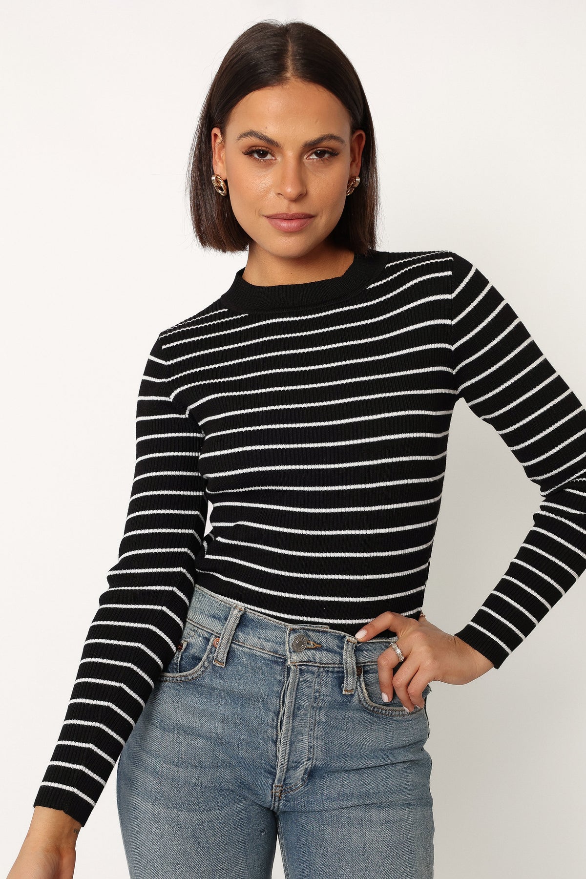 Stacie Ribbed Knit Top Black Stripe