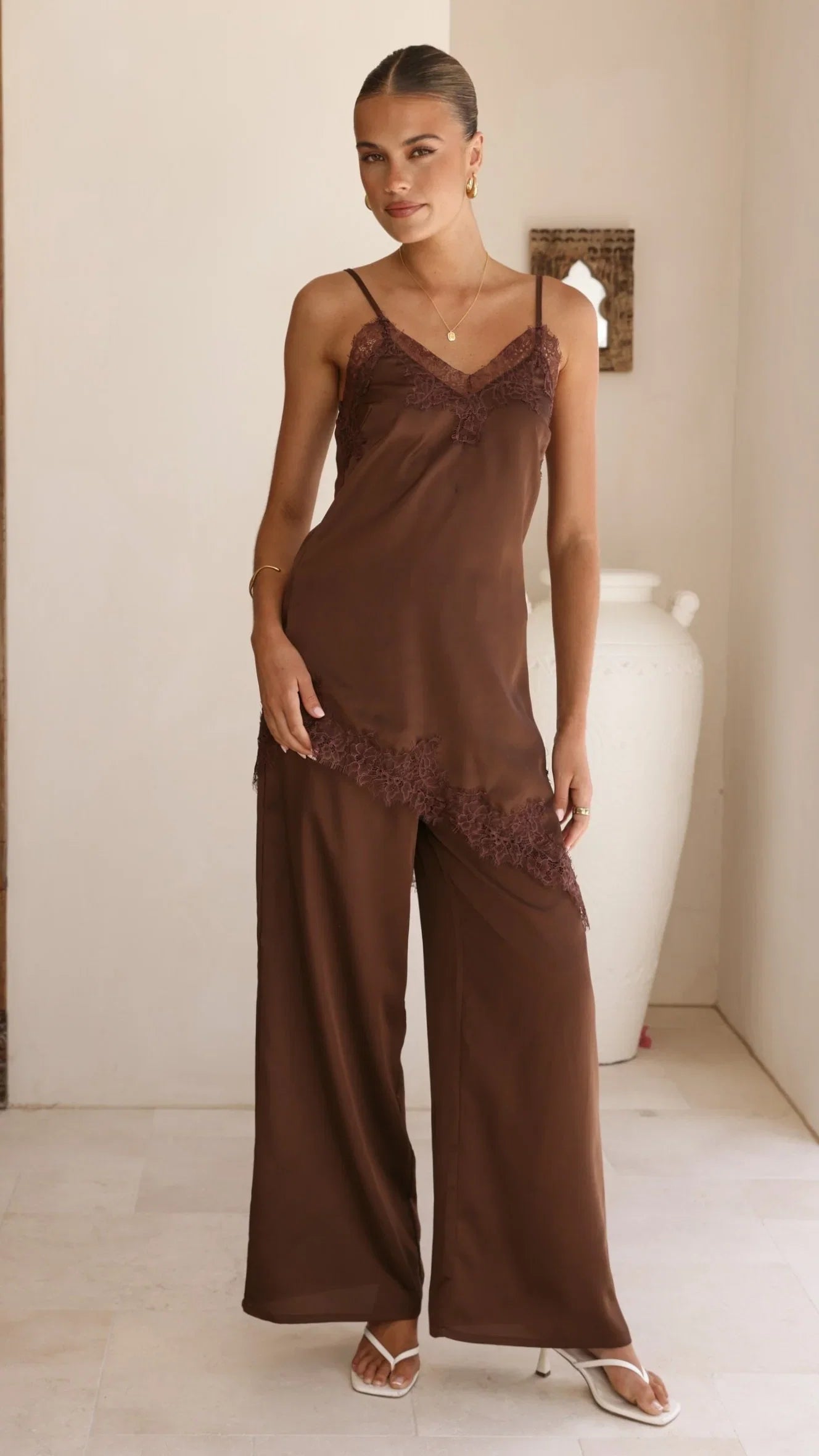 Hayleigh Asymmetrical Top and Pants Set Chocolate Lace