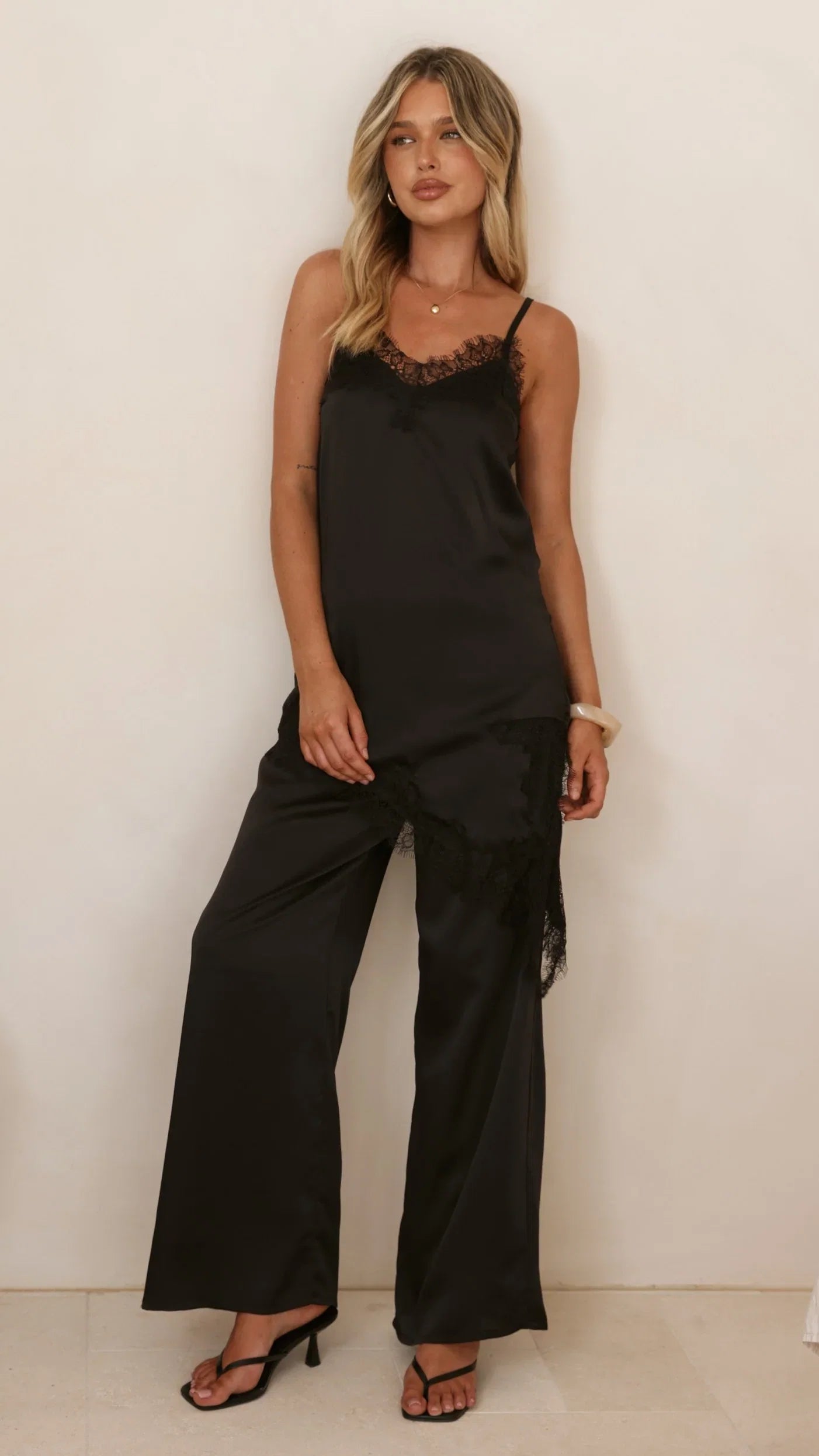 Hayleigh Asymmetrical Top and Pants Set Black Lace
