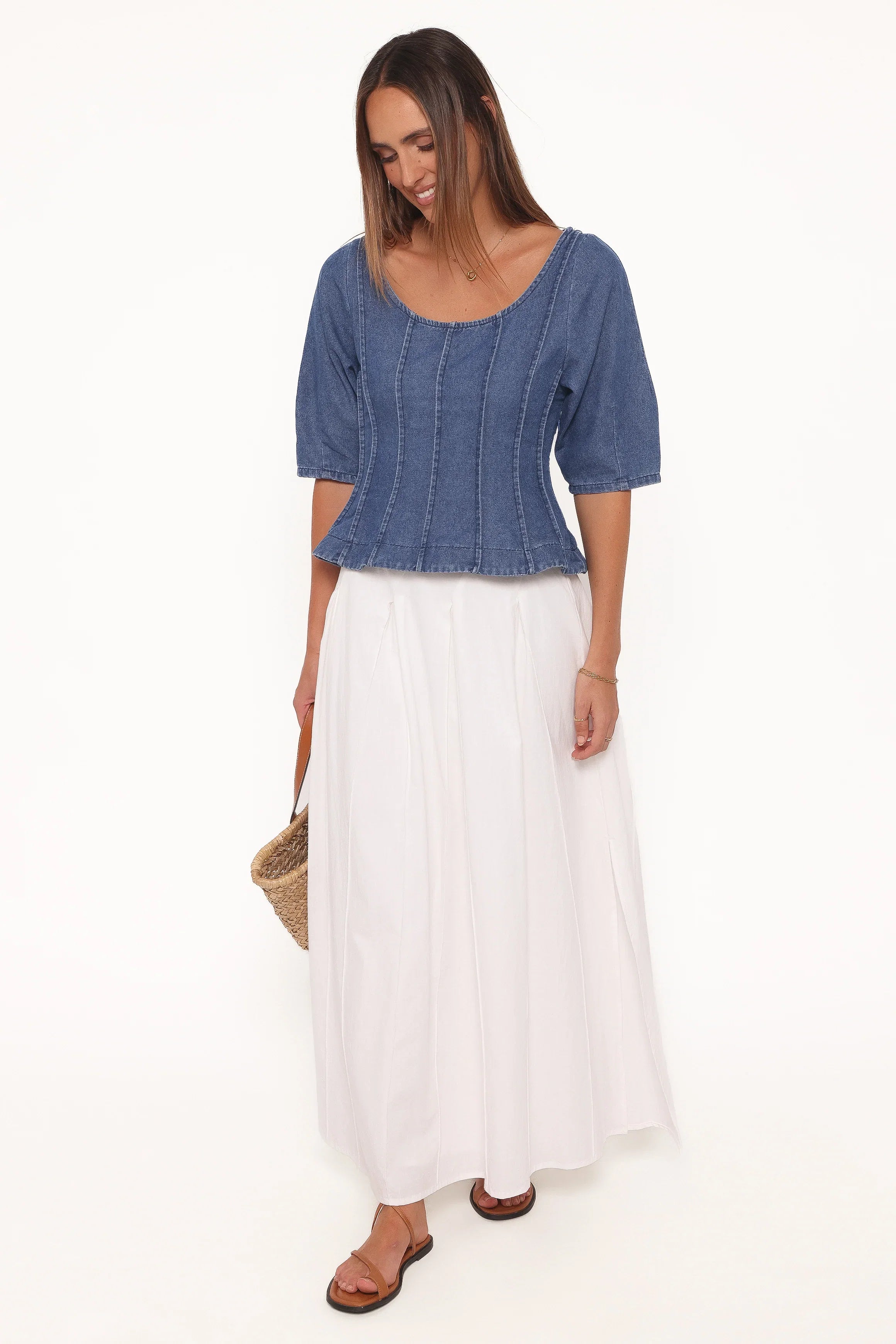Saylor Denim Peplum Top Blue Medium Wash
