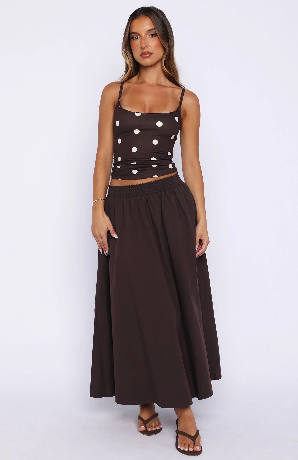 Im The Answer Tank Top Chocolate Off White Polka Dot