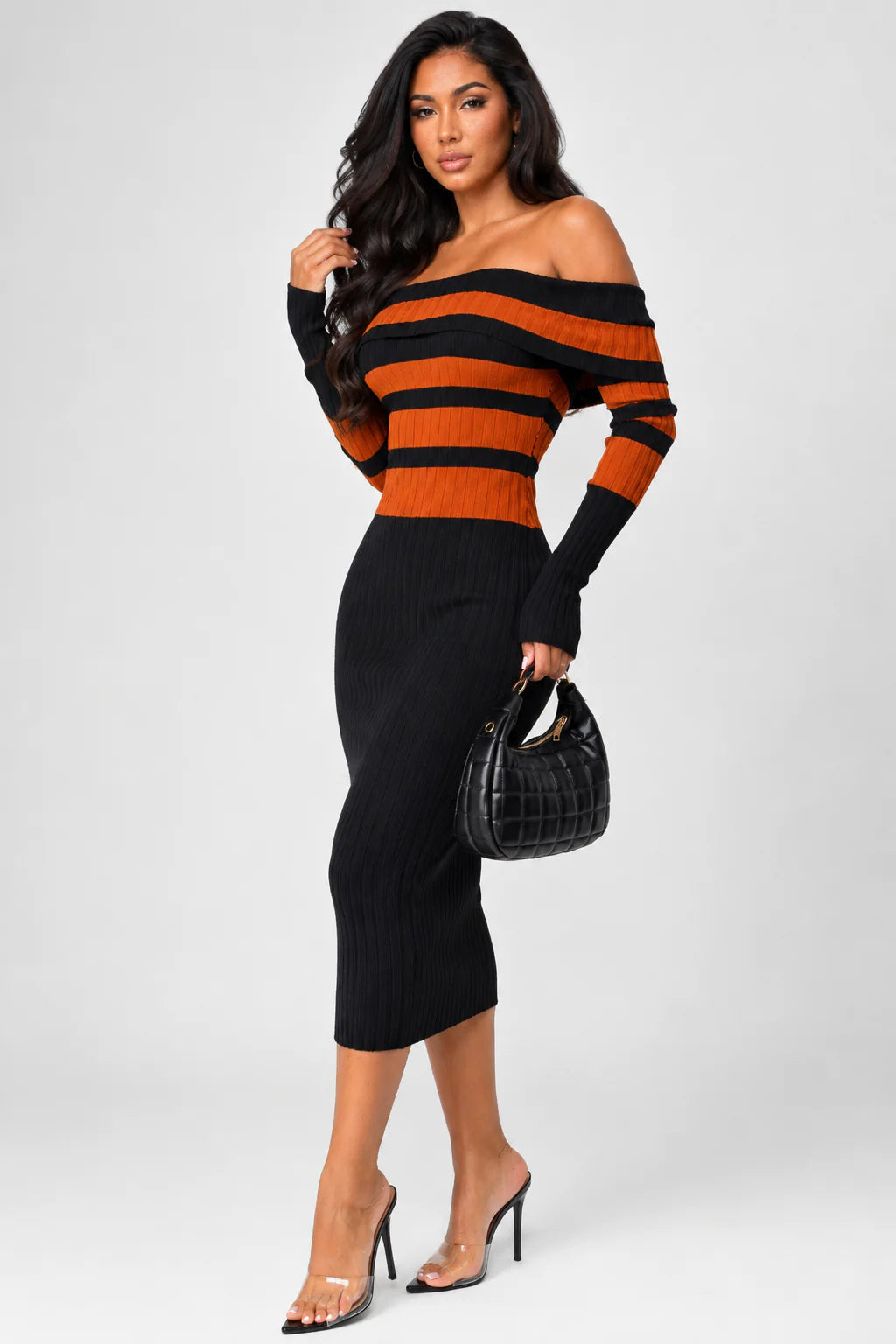 Robyn Stripe Ribbed Off Shoulder Midi Dress Black