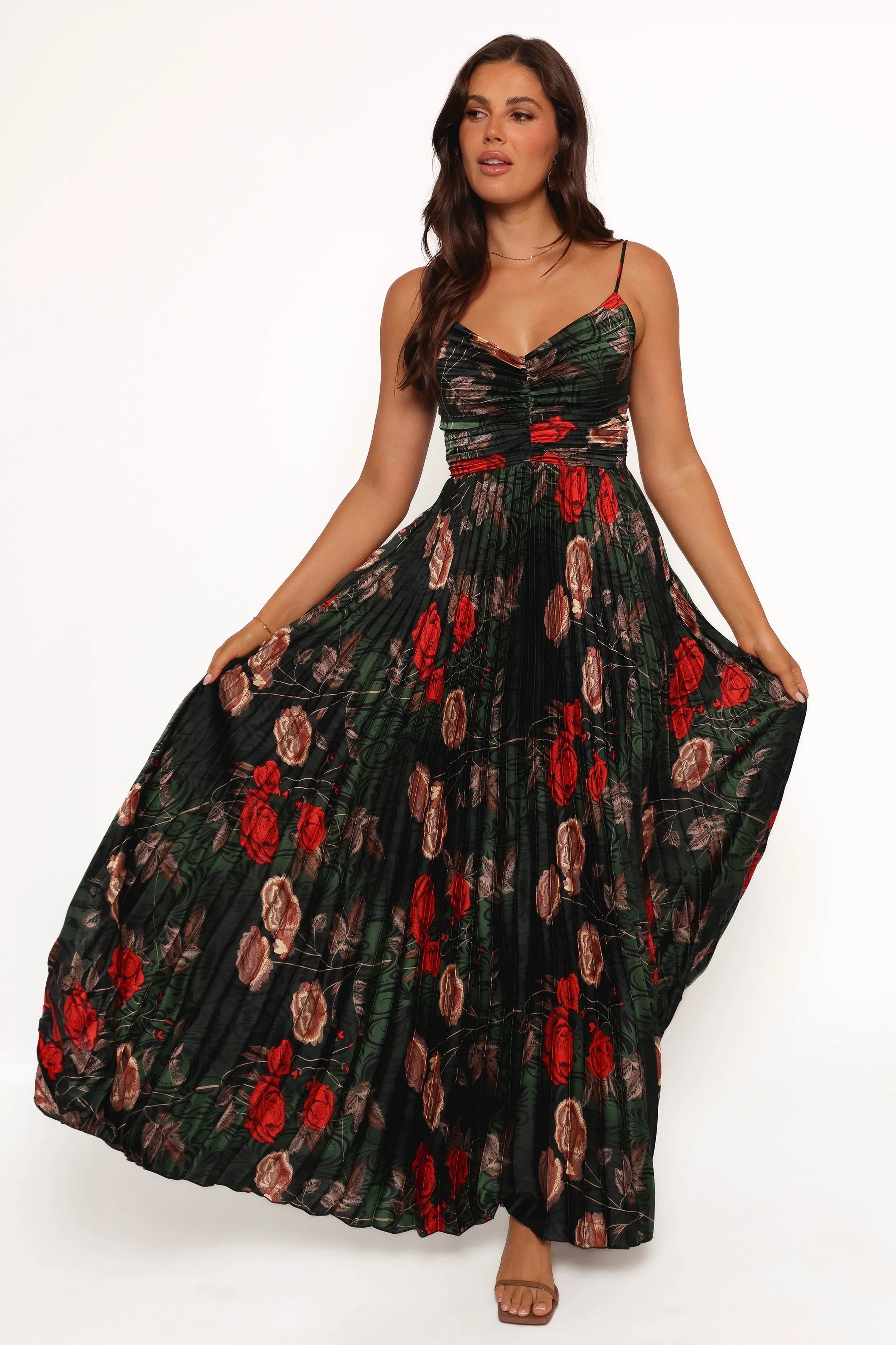 Naira Pleated Maxi Dress Green Floral