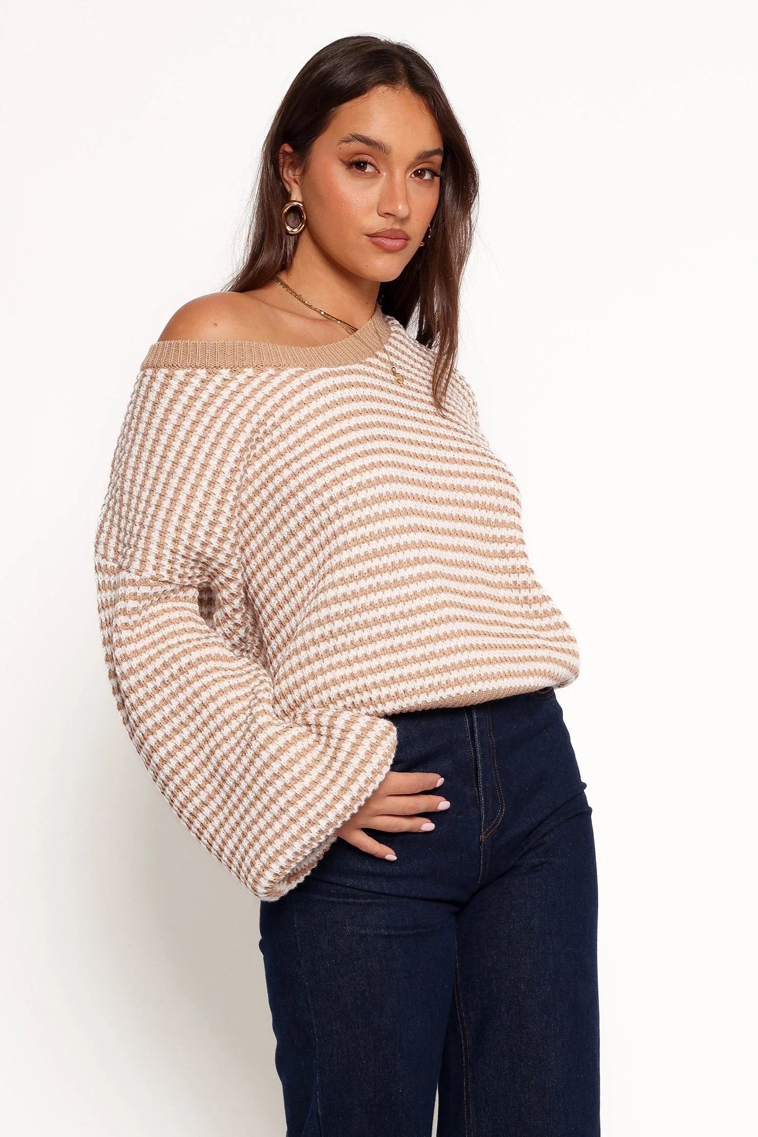 Becca Crewneck Waffle Stitch Stripe Knit Sweater Tan