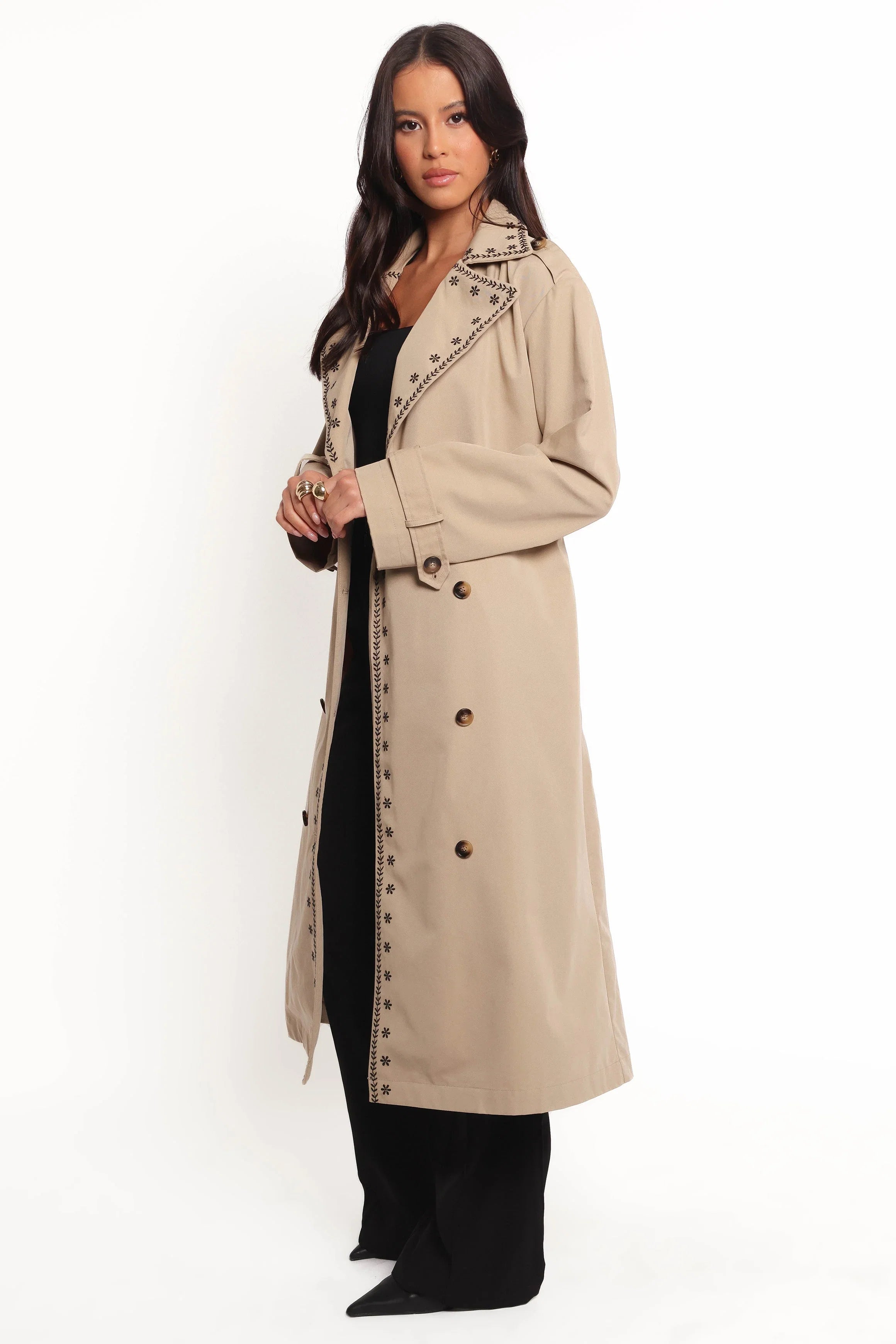 Grayson Embroidered Trim Trench Coat Taupe