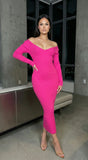 Lio Off Shoulder Ribbed Midi Dress Pink