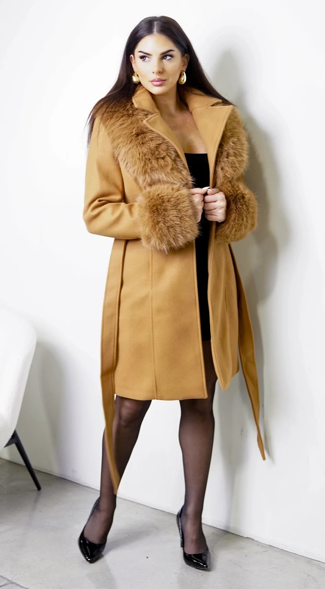 Sorrel Faux Fur Belted Coat Khaki