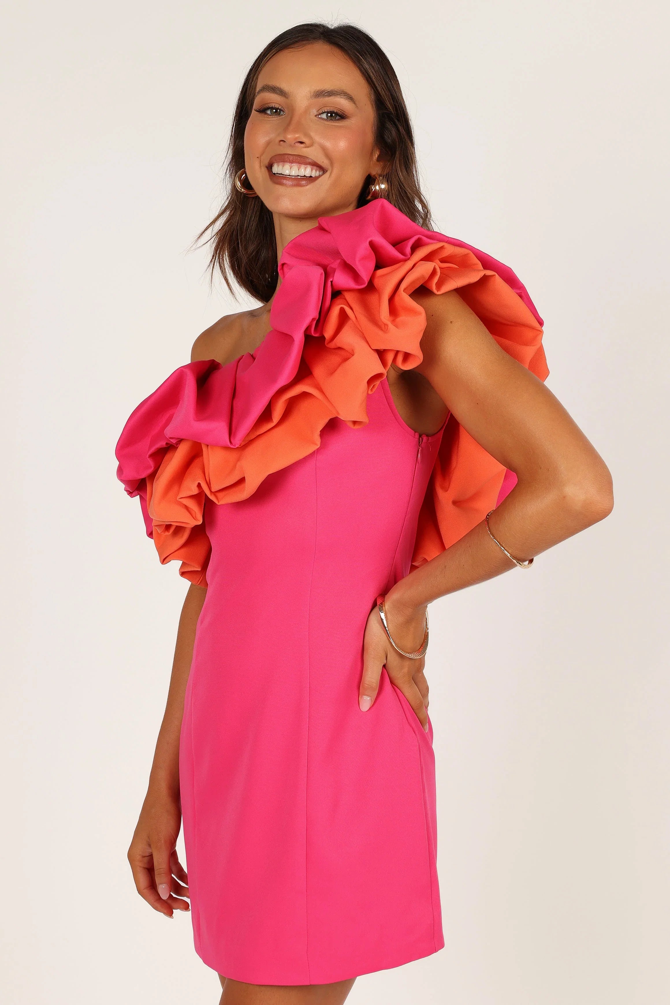 Phoebe One Shoulder Mini Dress Pink Orange