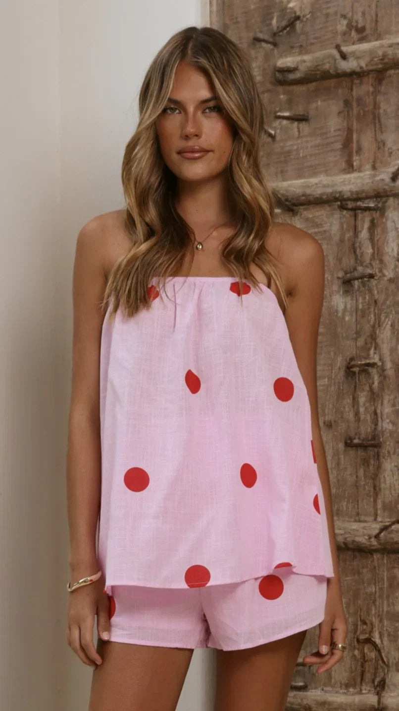 Calliope Strapless Top and Shorts Set Pink Red Polka