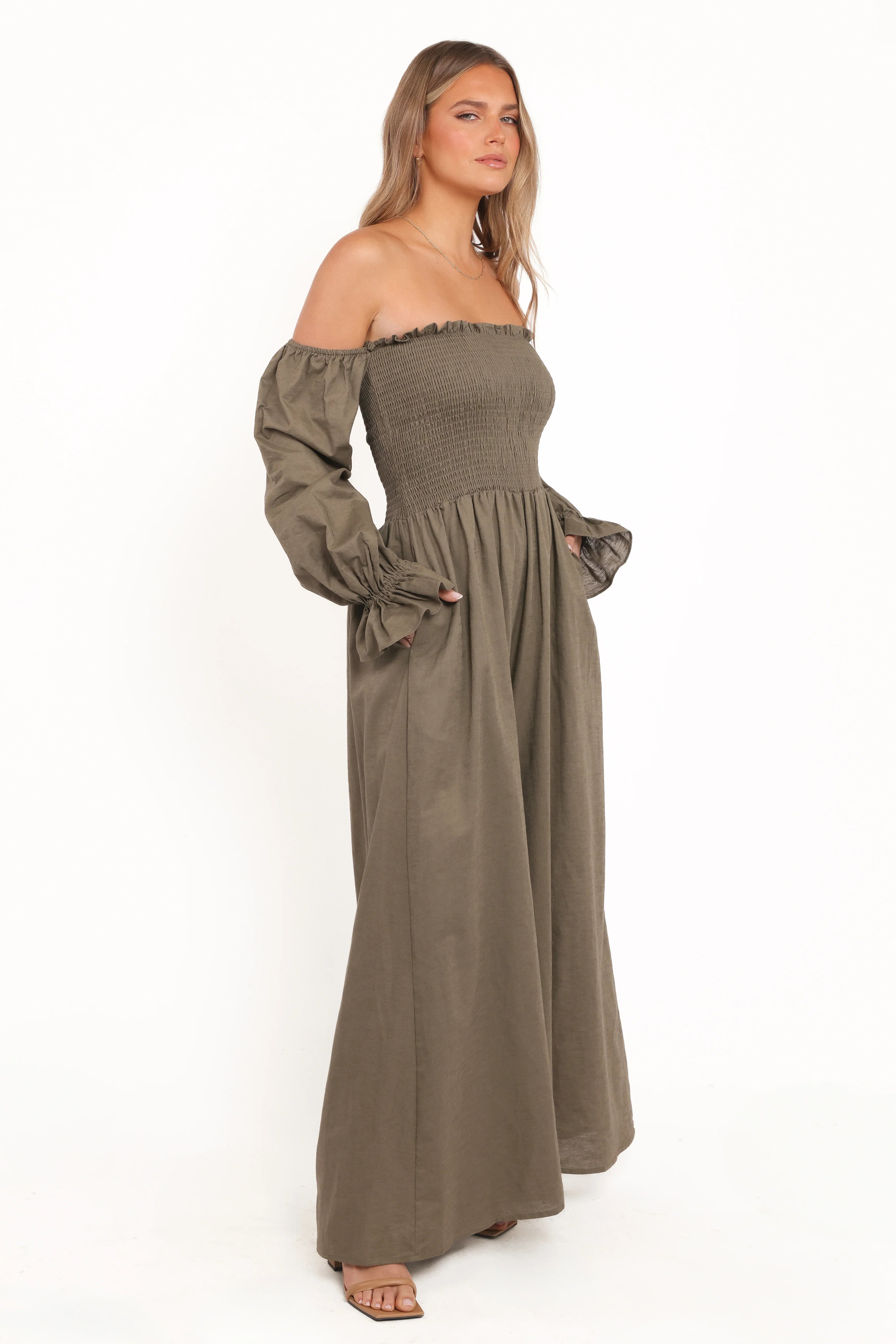 Domenica Shirred Long Sleeve Jumpsuit Olive