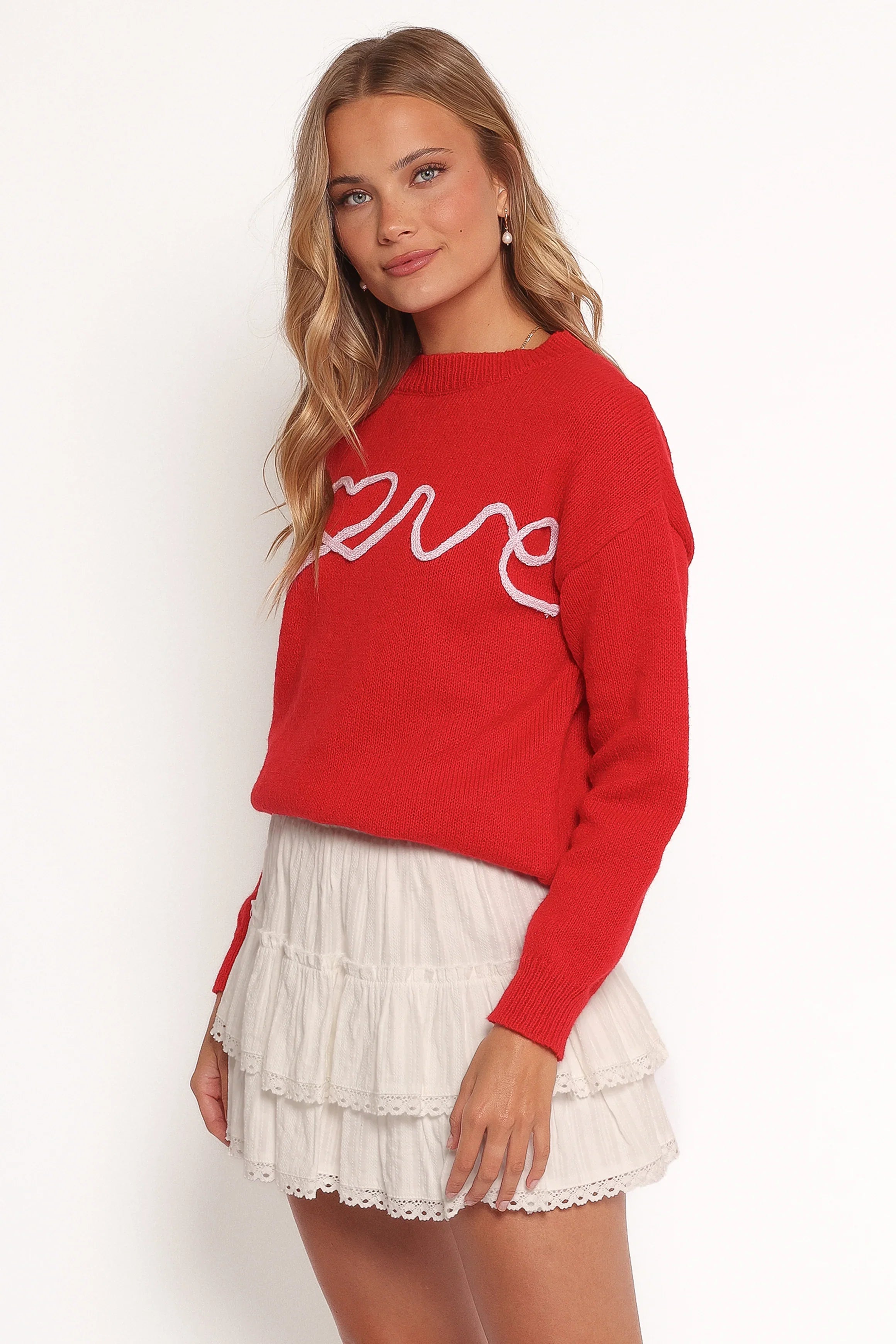 Love Embroidered Knit Sweater Red