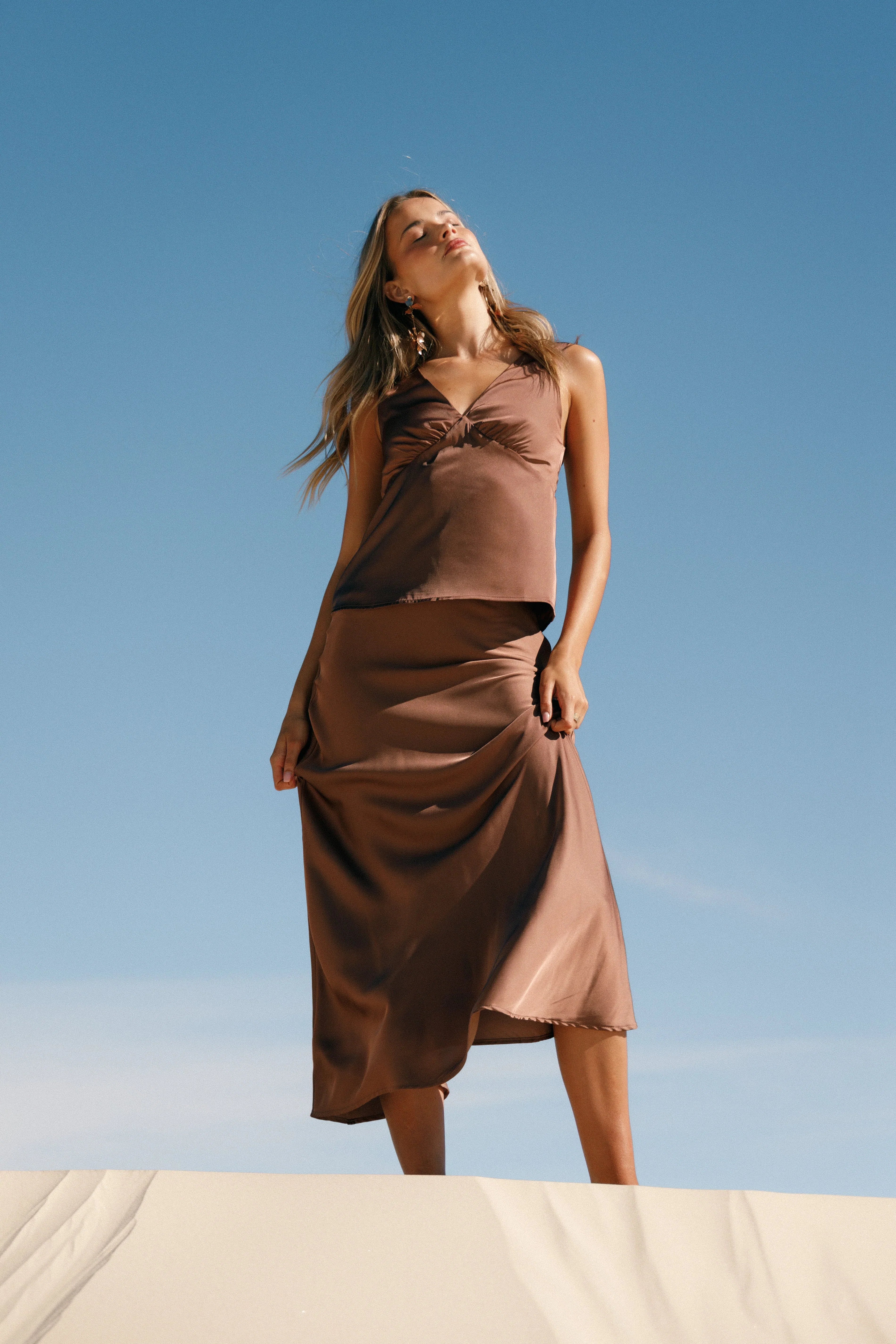 Nellie Satin Midi Skirt Banksia Brown