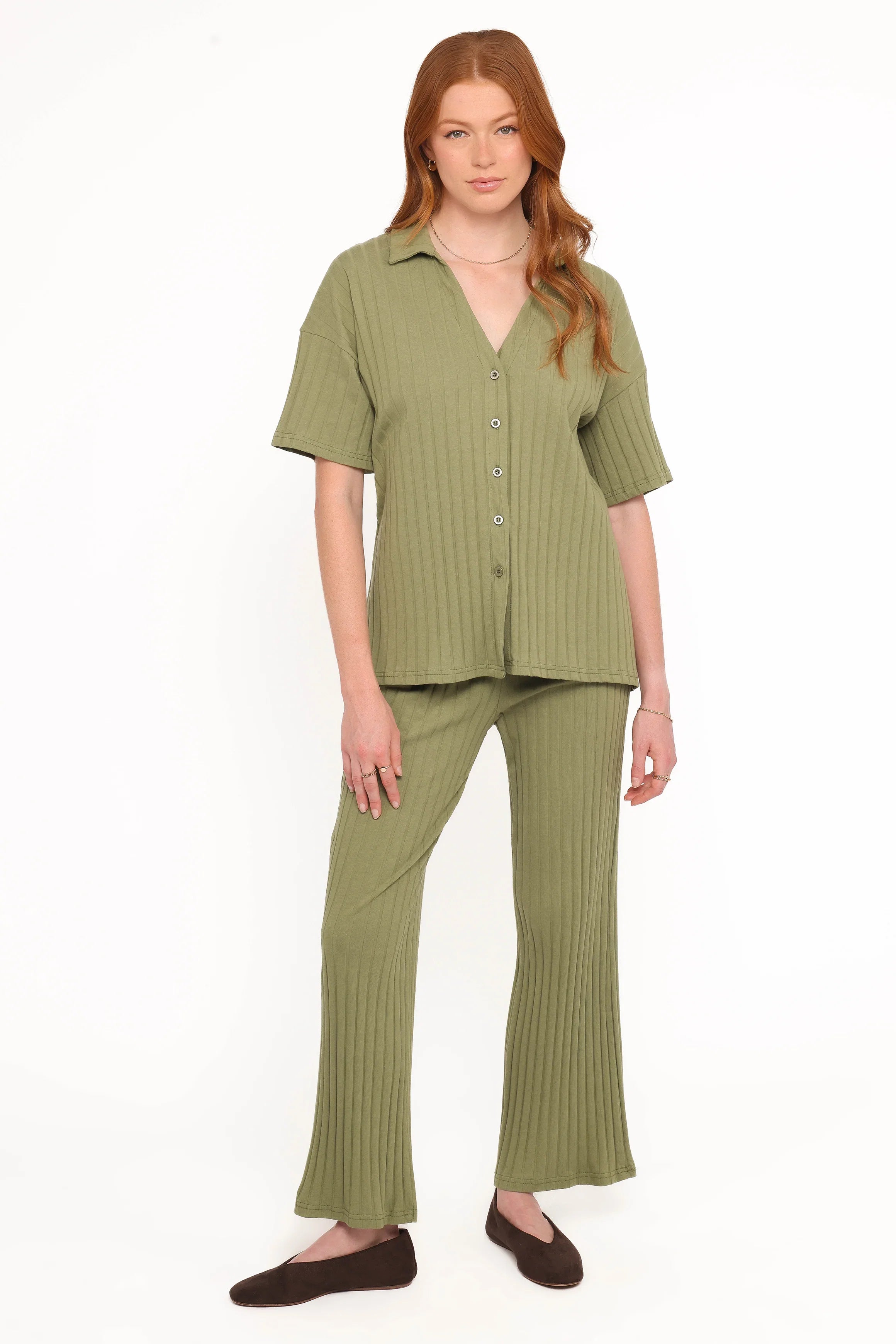 Phillipa Wide Ribbed Shirt Set Olive