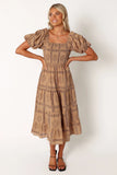 Soliel Puff Sleeve Midi Dress Tan Black