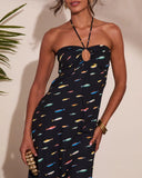 Marine Muse Fish Print Halter Neck Midi Dress