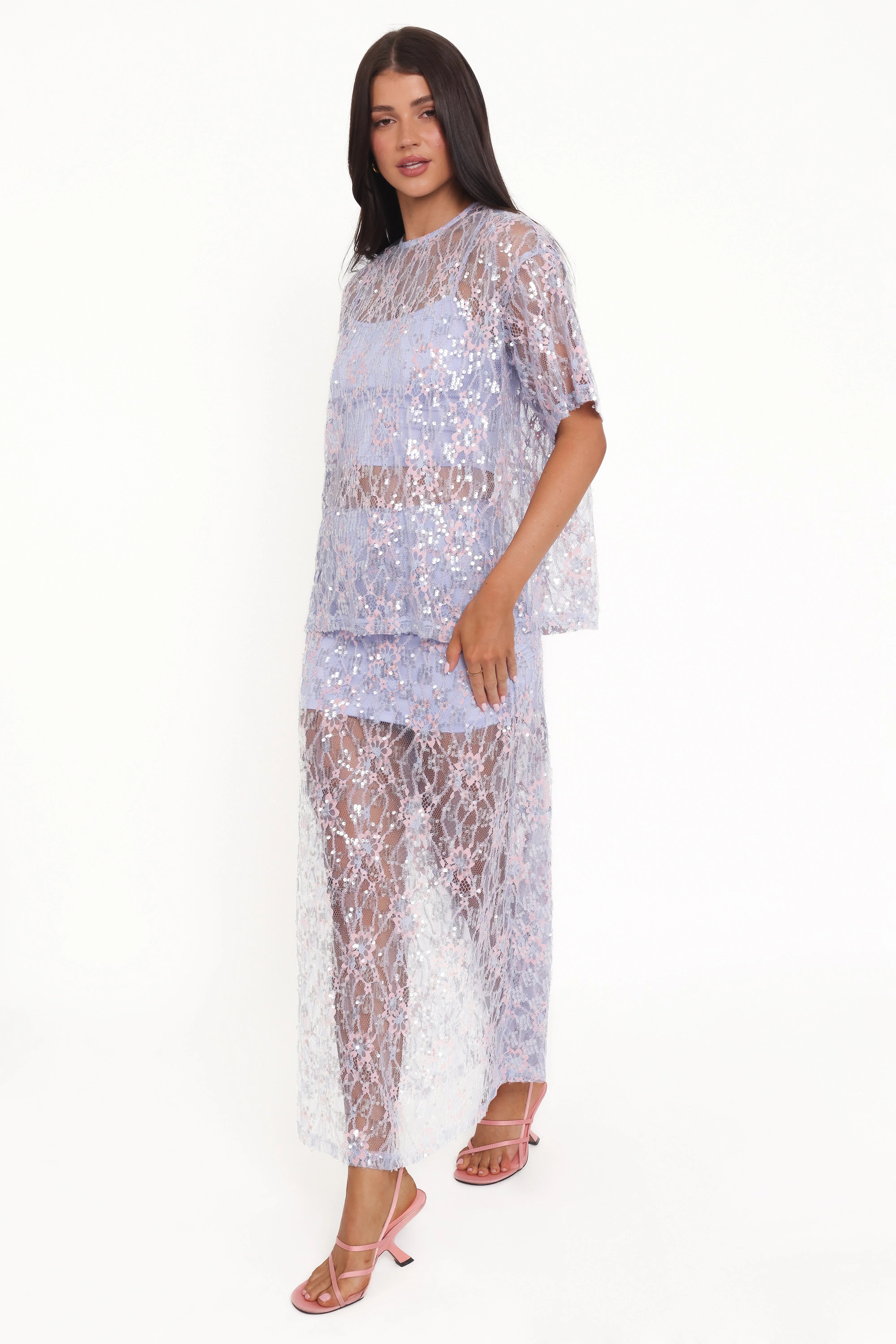 Yonder Sheer Panel Lace Maxi Skirt Purple