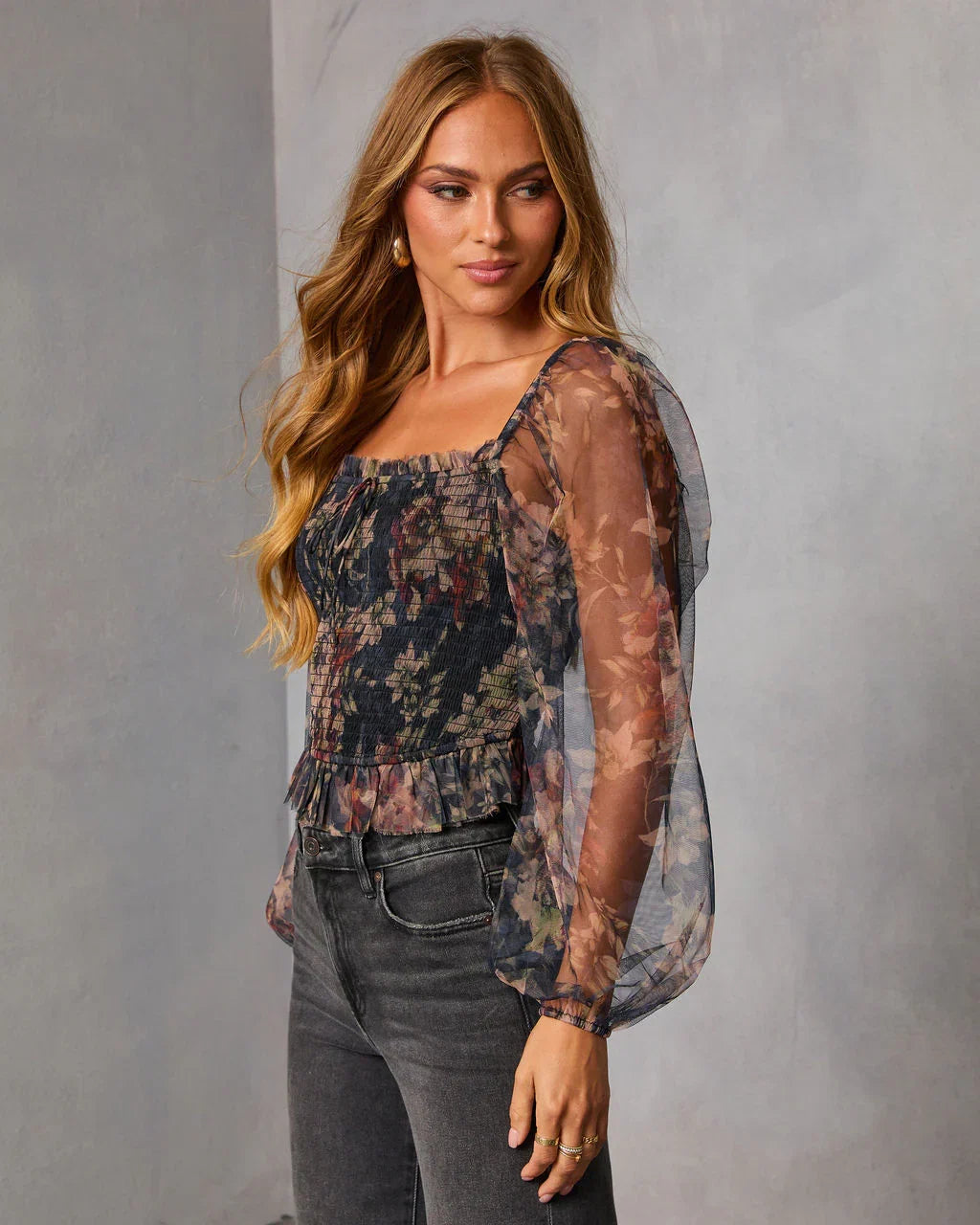 Sepia Ritual Printed Smocked Mesh Top