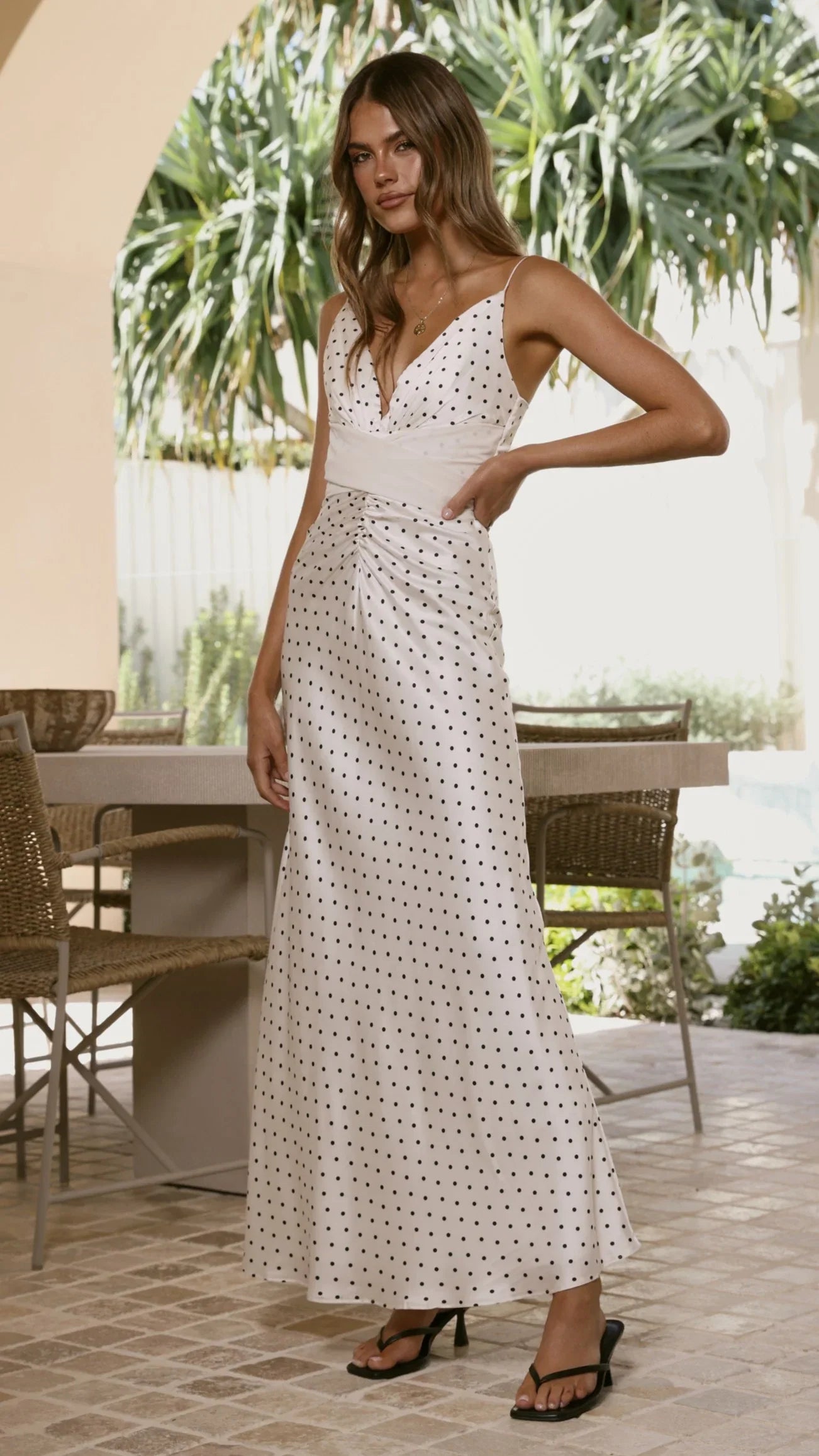 Zada Bow Maxi Dress Cream Black Polka Dot