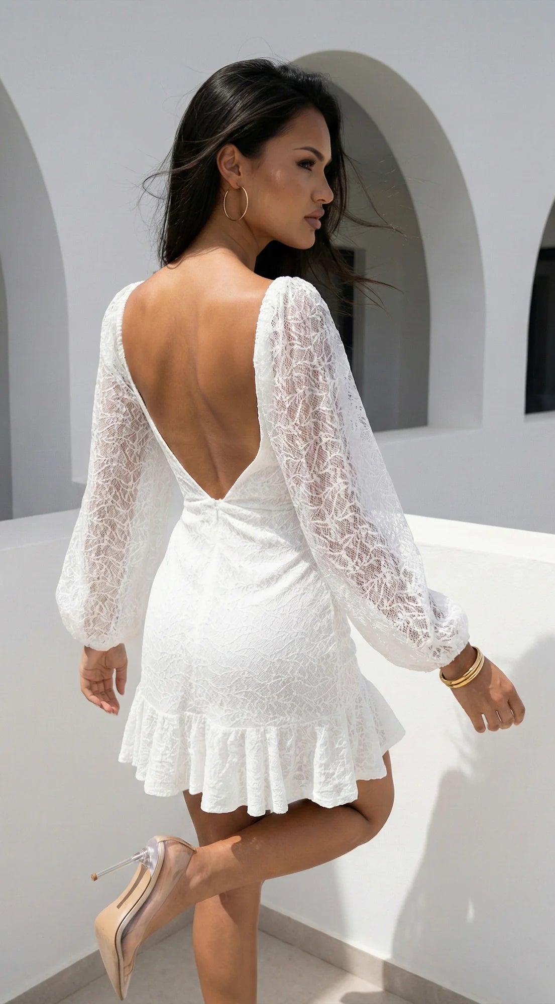 Nerano Lace Ruffle Asymmetric Mini Dress White