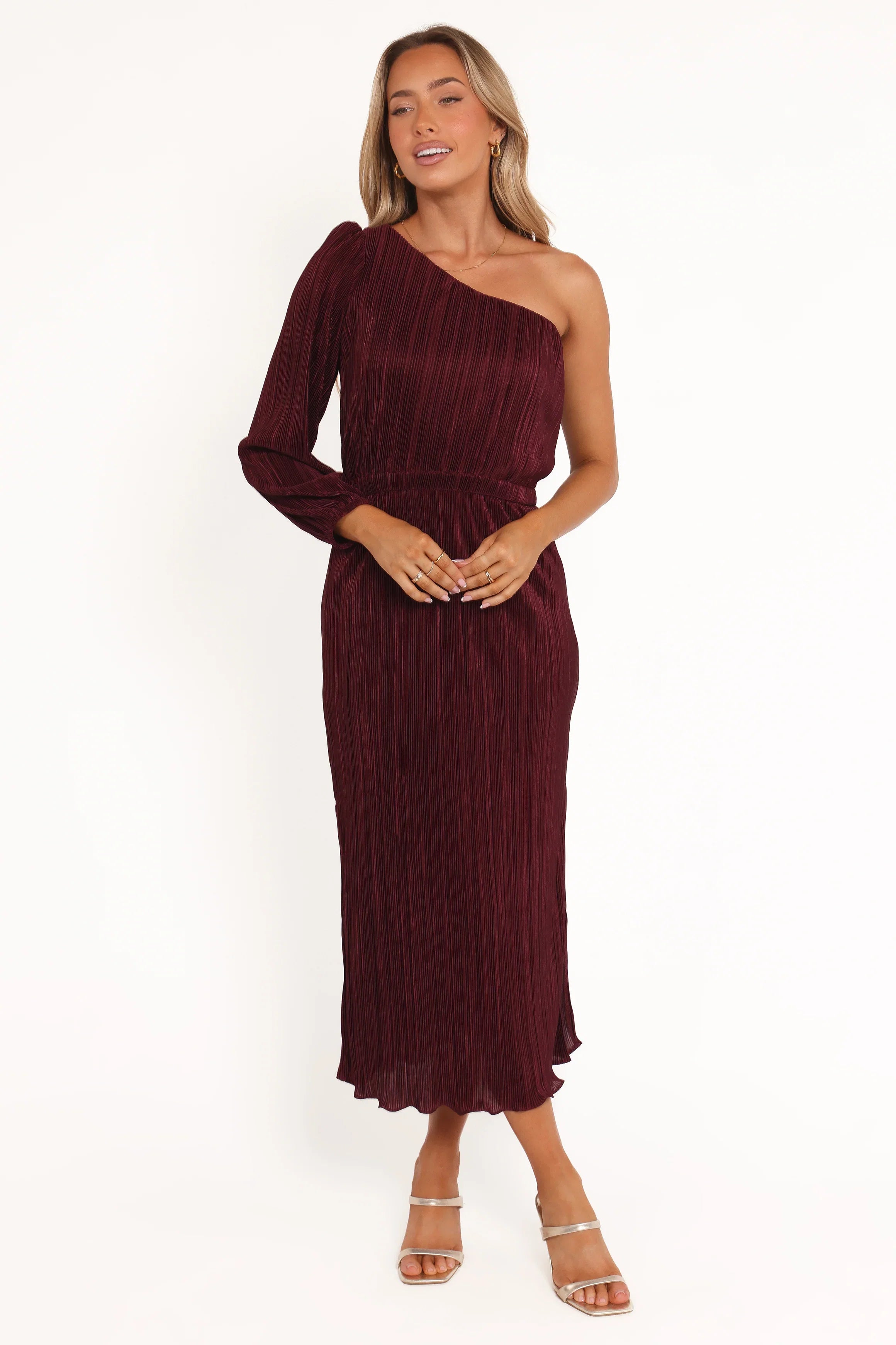 Pontee One Shoulder Pleated Midi Dress Burgundy