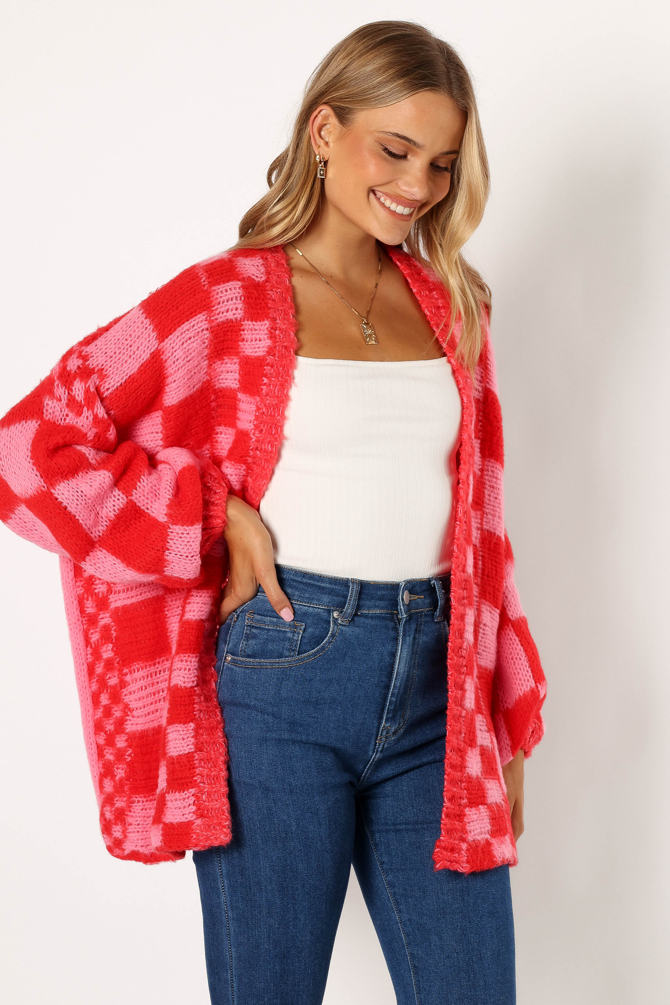 Davina Pattern Open Front Cardigan Red Pink