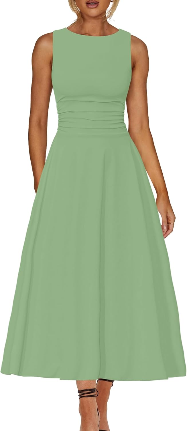 Boat Neck Sleeveless A Line Maxi Dress Ruffle Flowy Casual Long Dresses