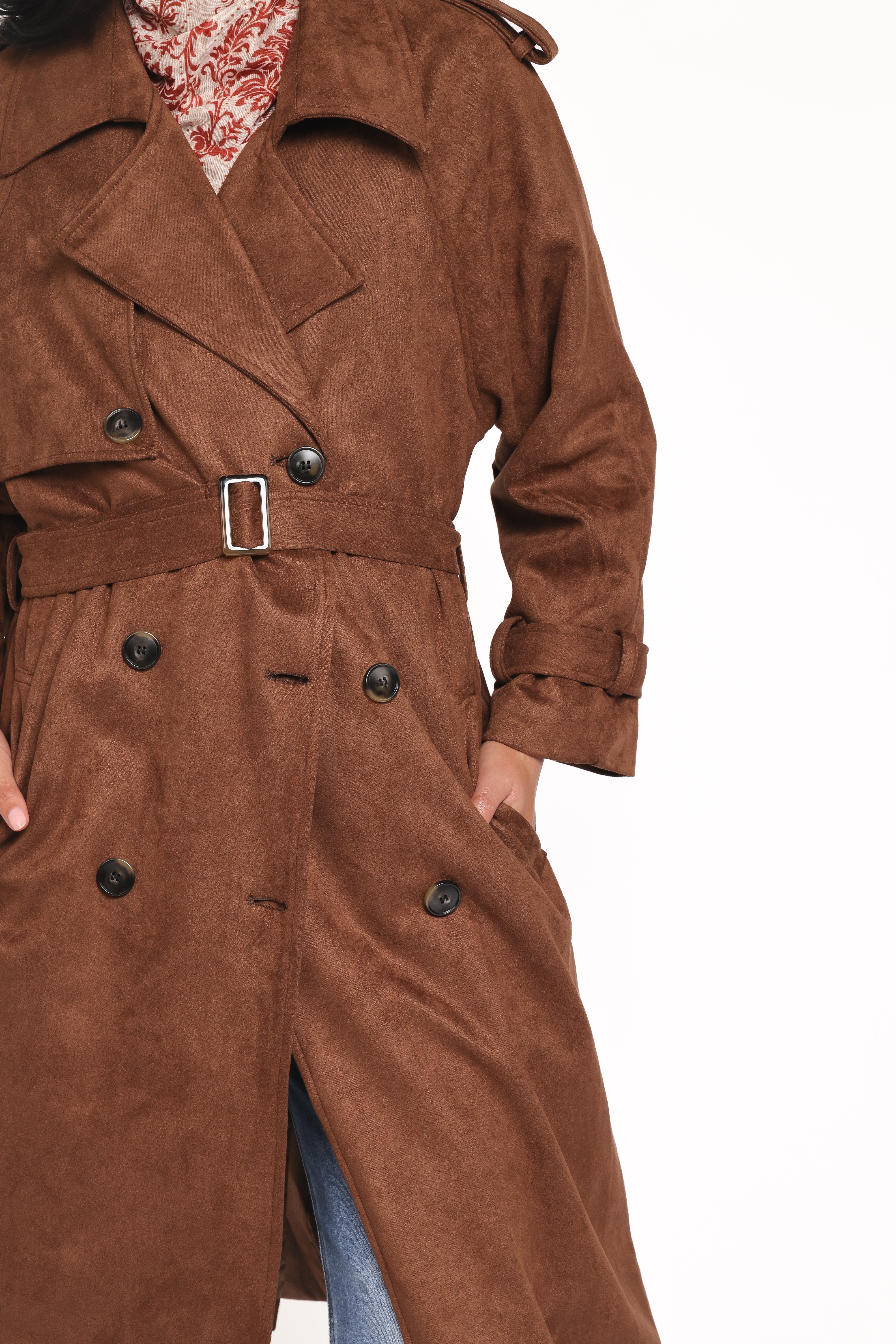 Micha Faux Suede Trench Coat Brown
