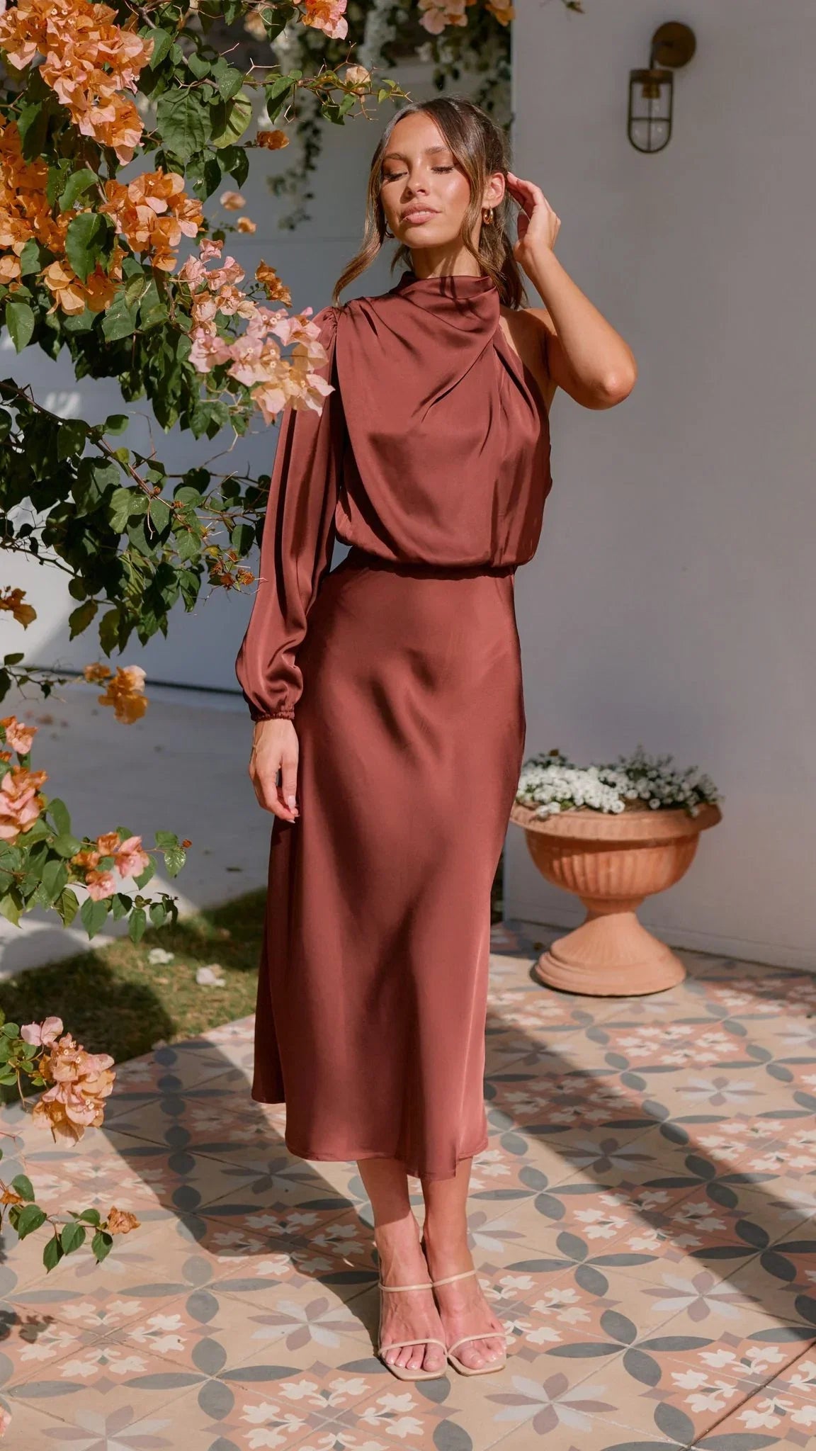 Esther One Shoulder Long Sleeve Dress Brown