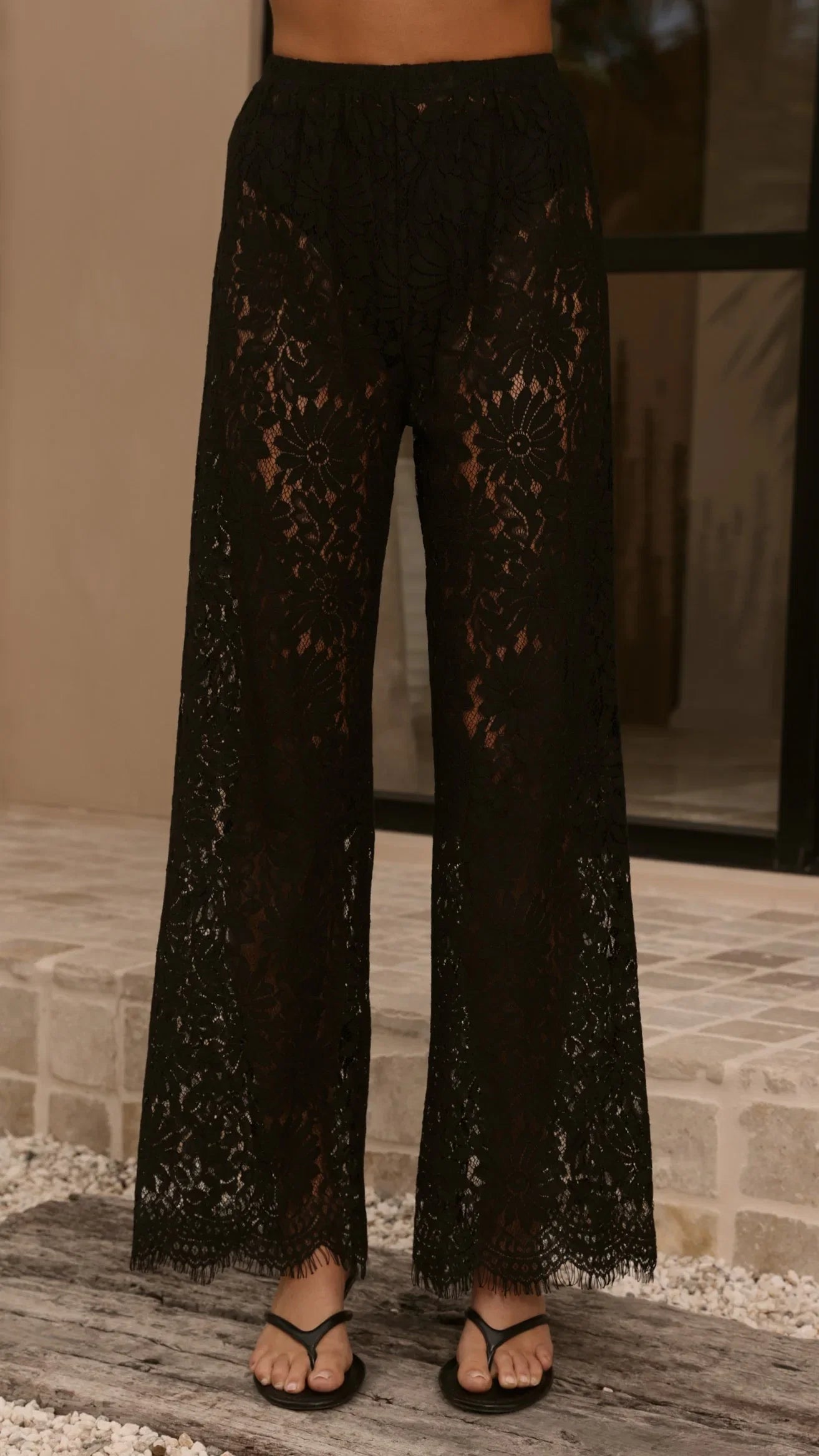 Ebony Asymmetrical Lace Top Pants Set Black