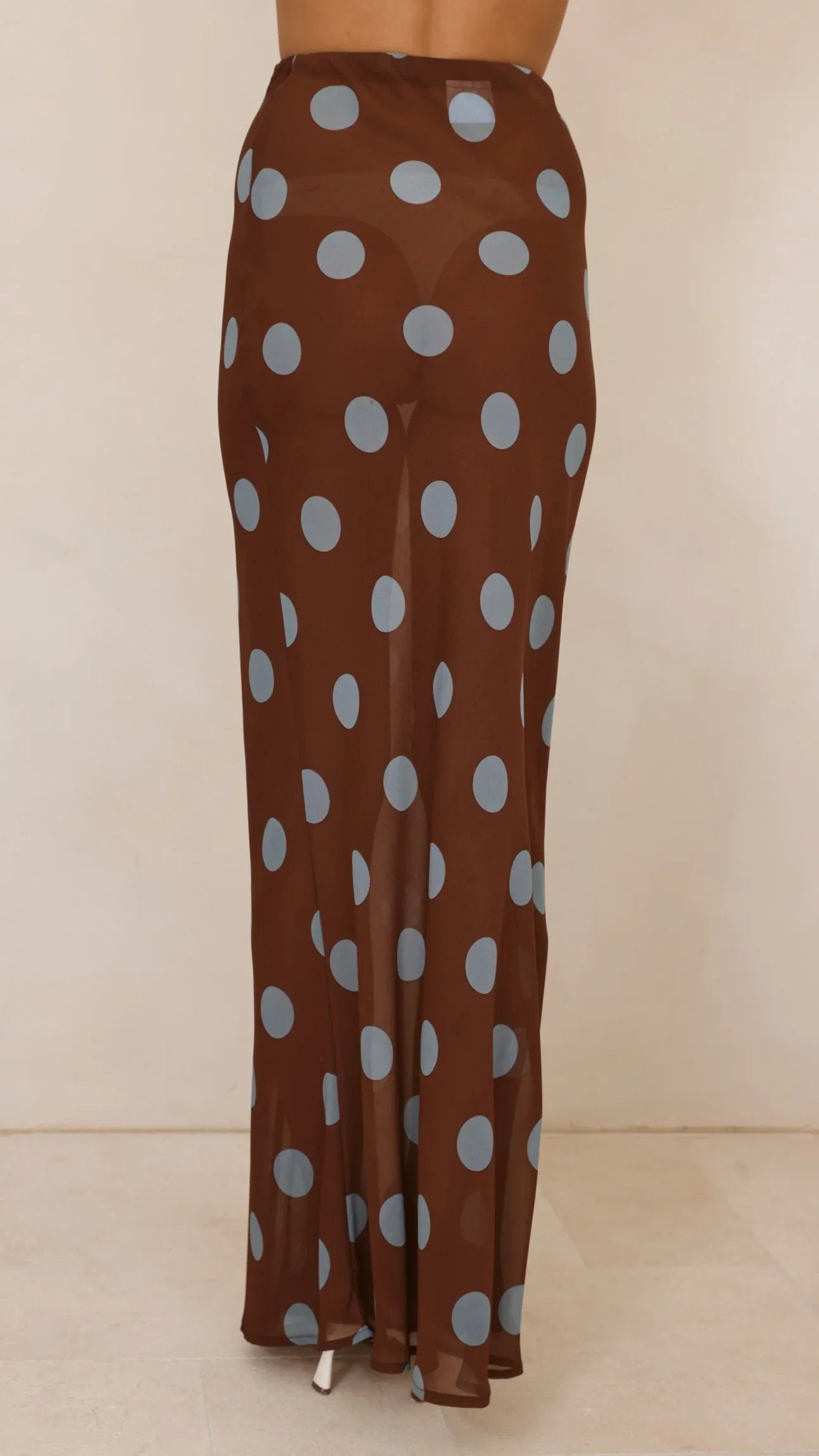 Yumi Oversized Tee and Sheer Skirt Set White Brown Blue Polka
