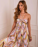 Abstract Desire Satin Plisse Halter Maxi Dress
