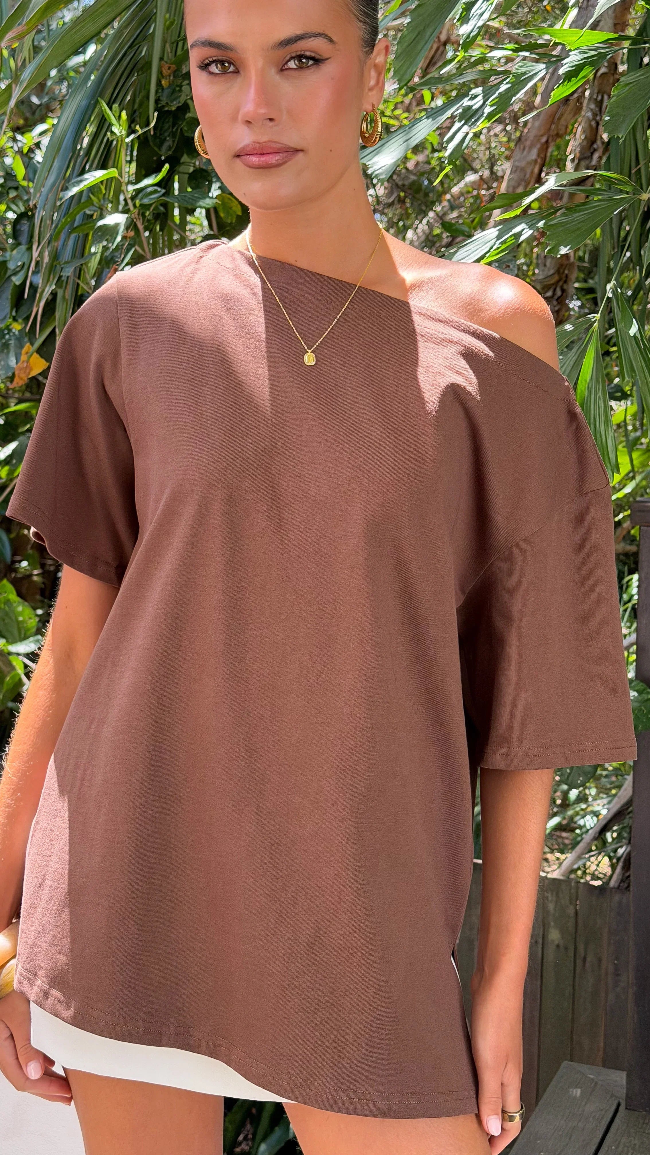 Pia One Shoulder Oversize Tee Chocolate
