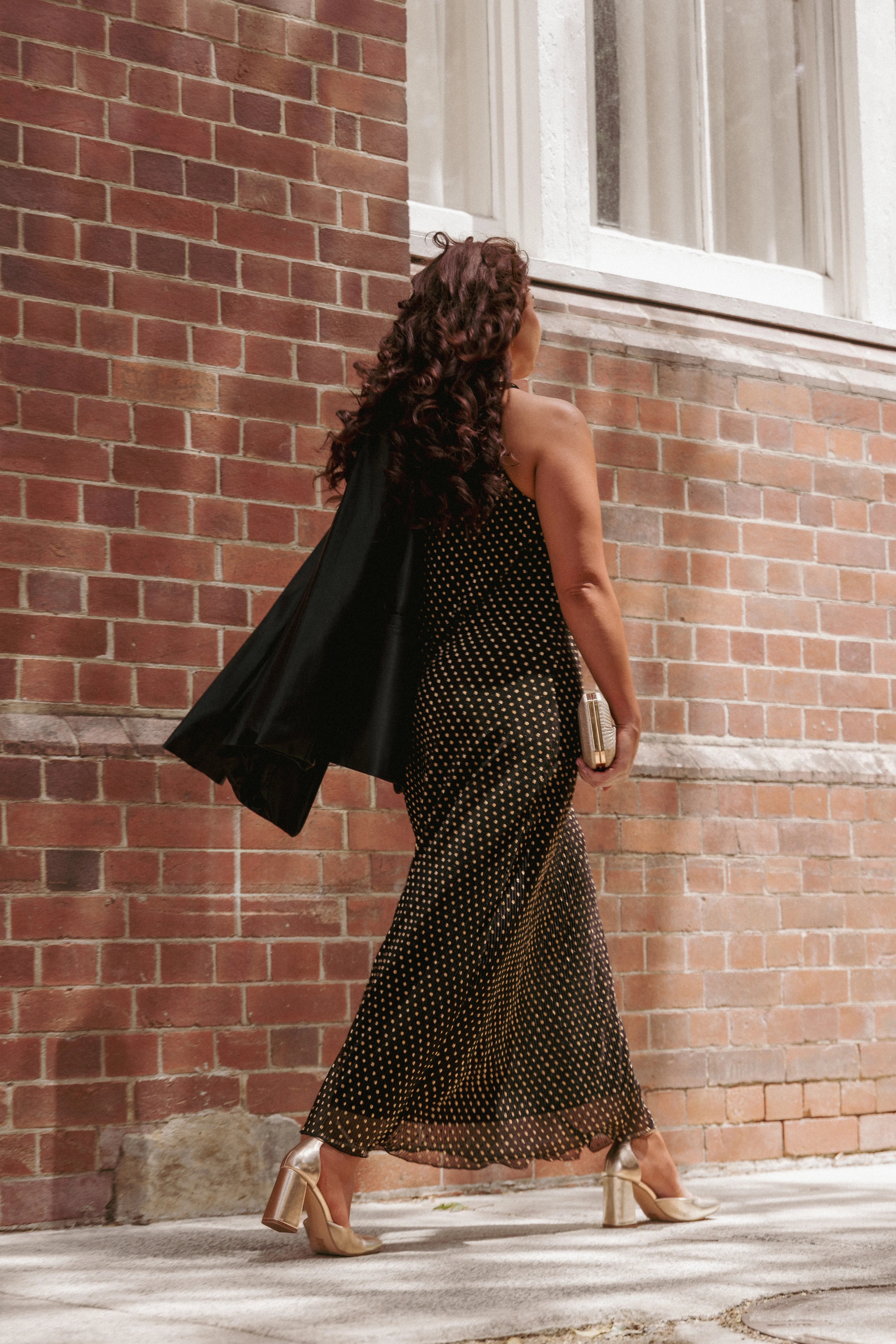Melody Plisse Halter Maxi Dress Black Gold Polka Dot