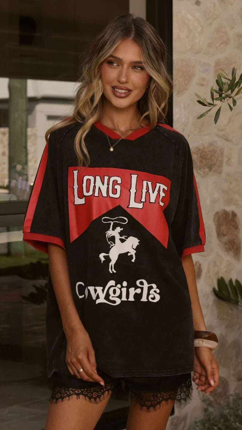 Long Live Cowgirls Oversized Tee Black Red