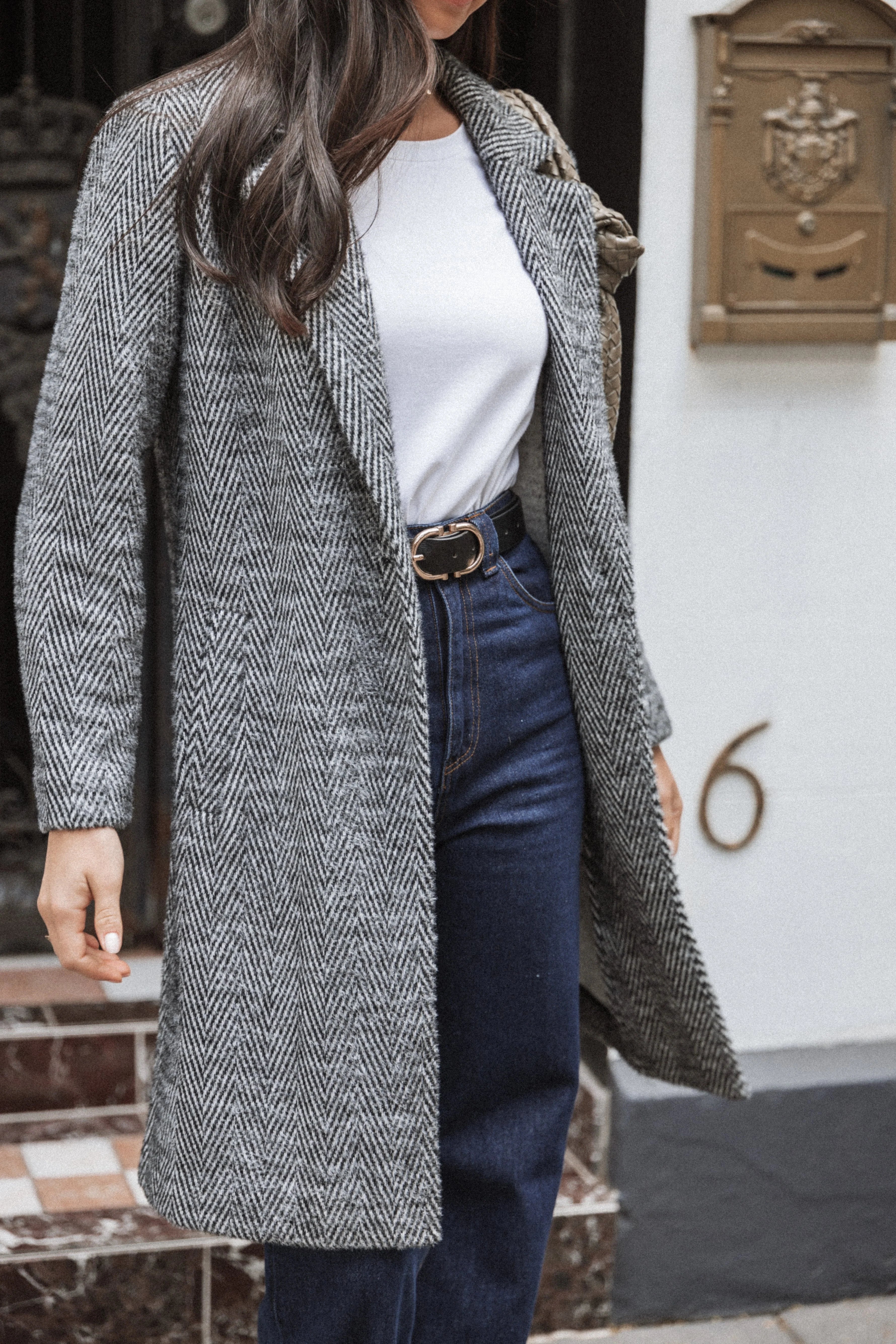 Nicoletta Single Button Herringbone Coat Black