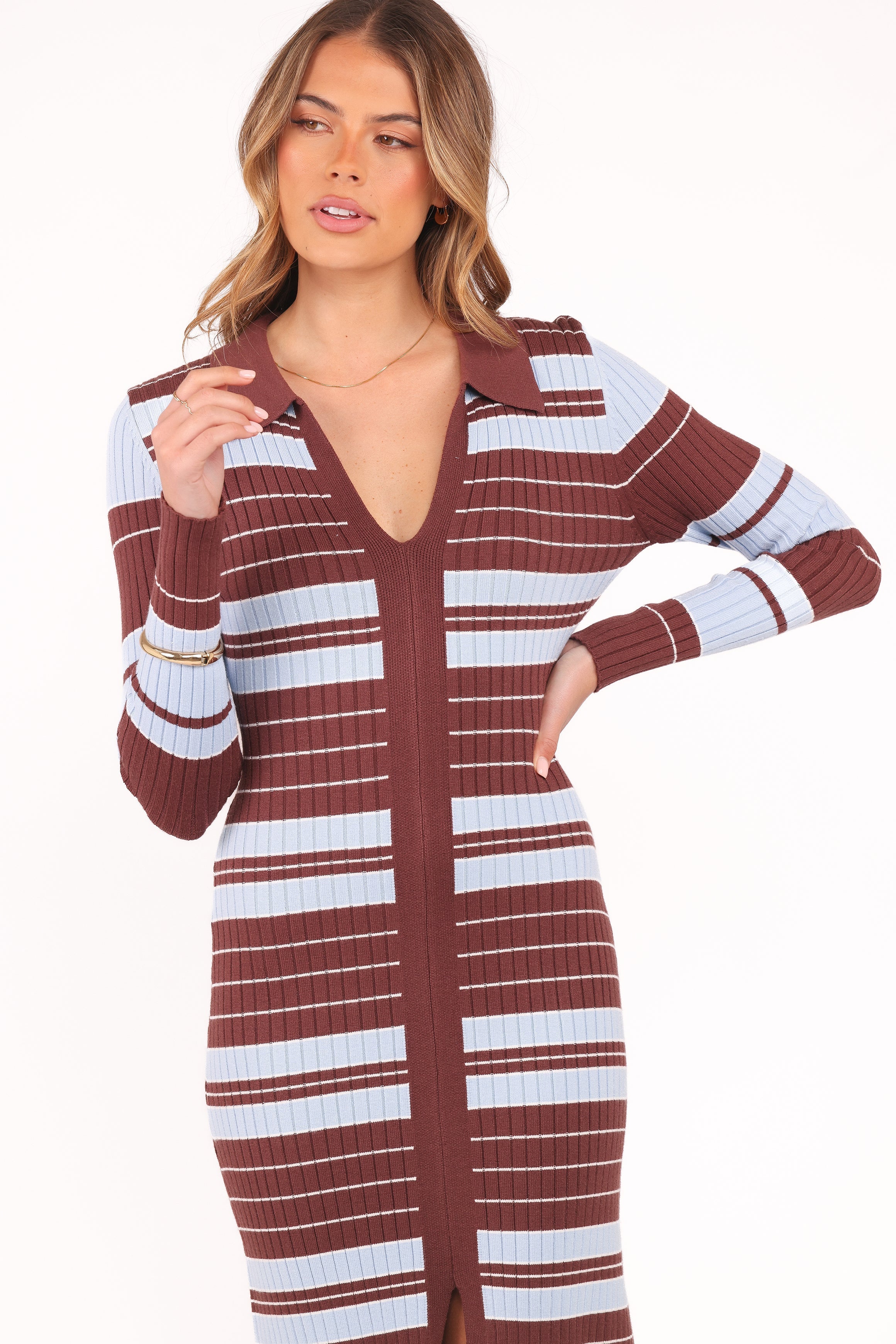 Eliana Long Sleeve Midi Dress Brown Blue Stripe
