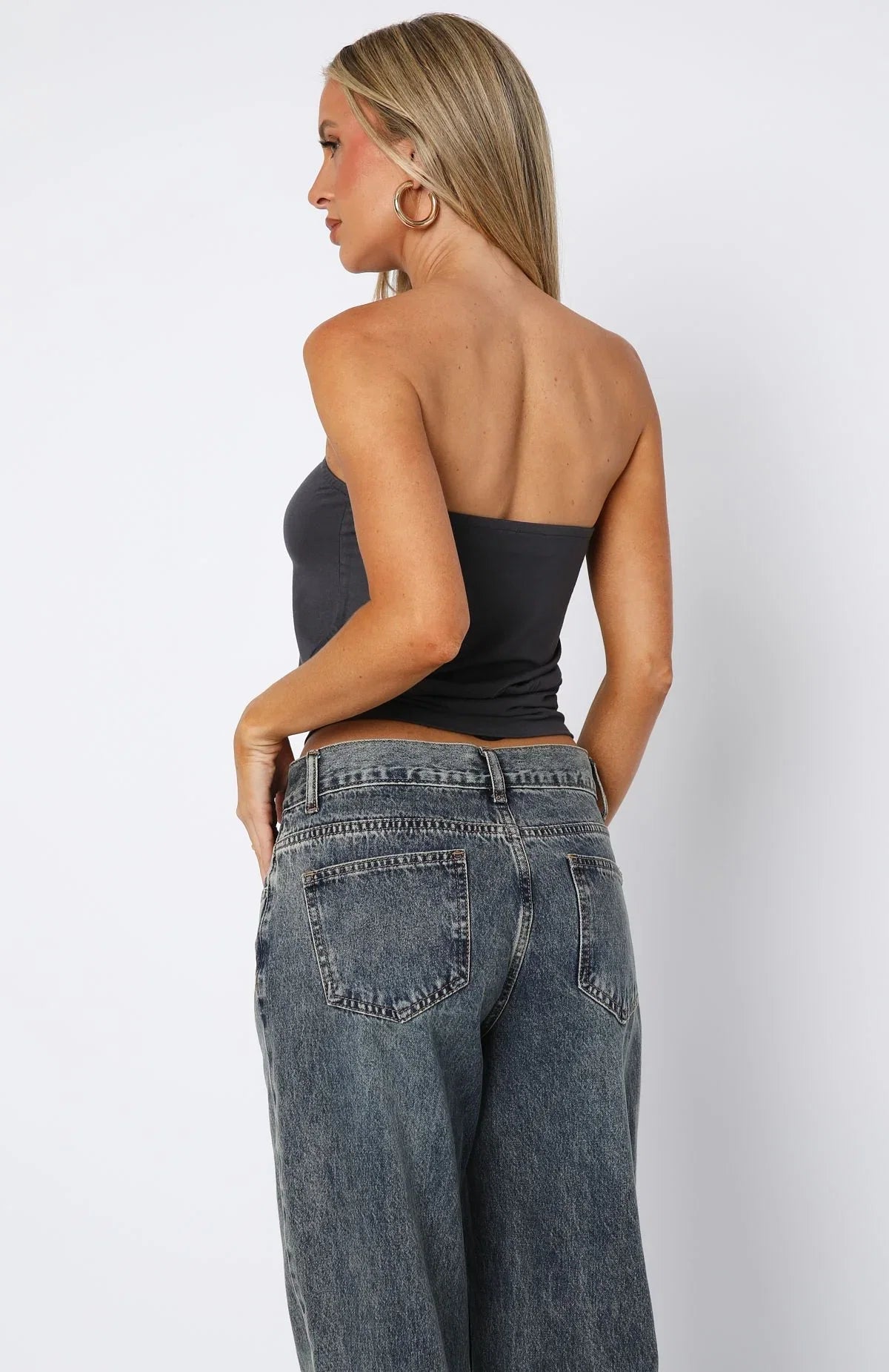Dont Talk Cinched Waist Strapless Top Charcoal
