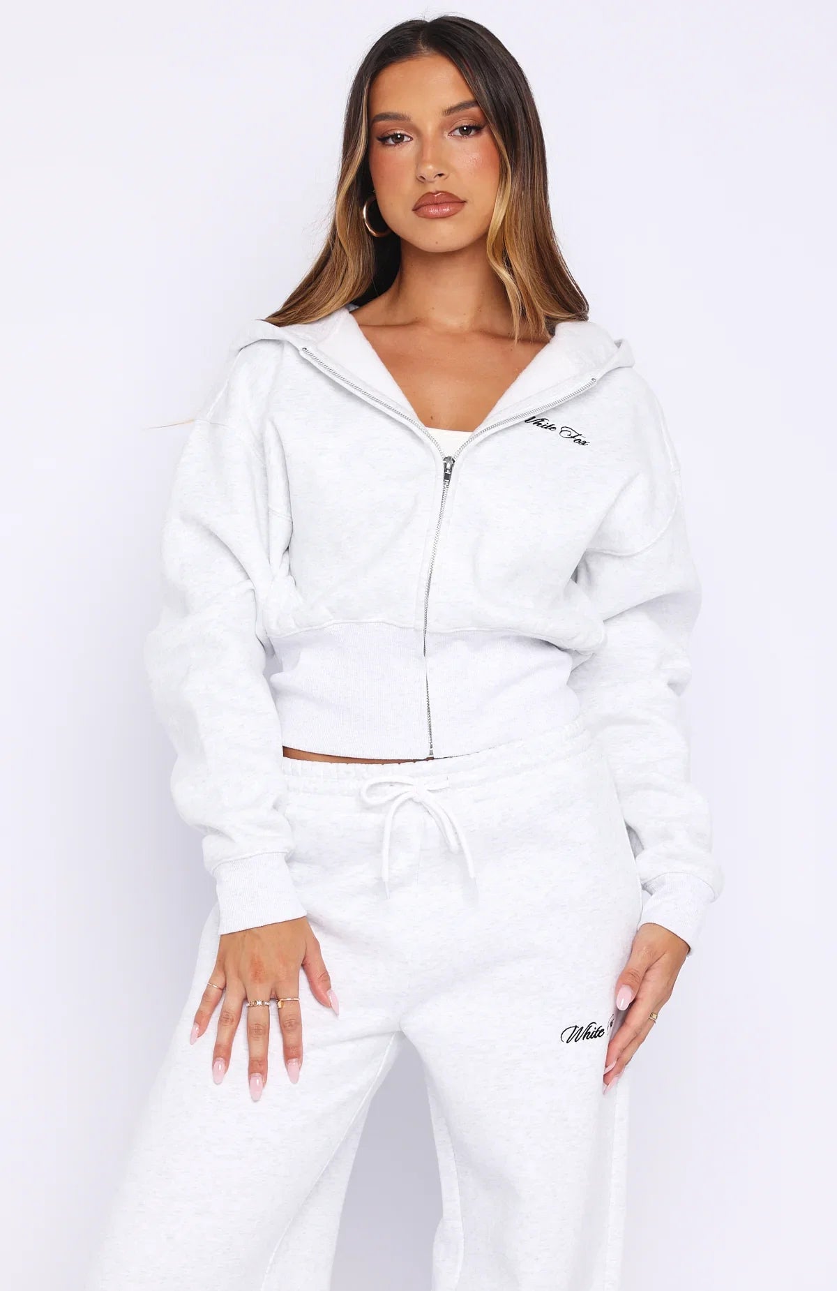 Wishing For It Cropped Cinched Zip Front Hoodie Grey Marle