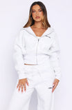 Wishing For It Cropped Cinched Zip Front Hoodie Grey Marle