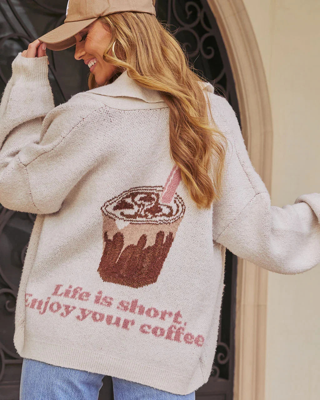 Morning Brew Intarsia Knit Coffee Cardigan