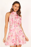Gardenia Halter Mini Dress Pink Floral