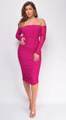 Annora Mesh Long Sleeve Ruched Midi Dress Pink