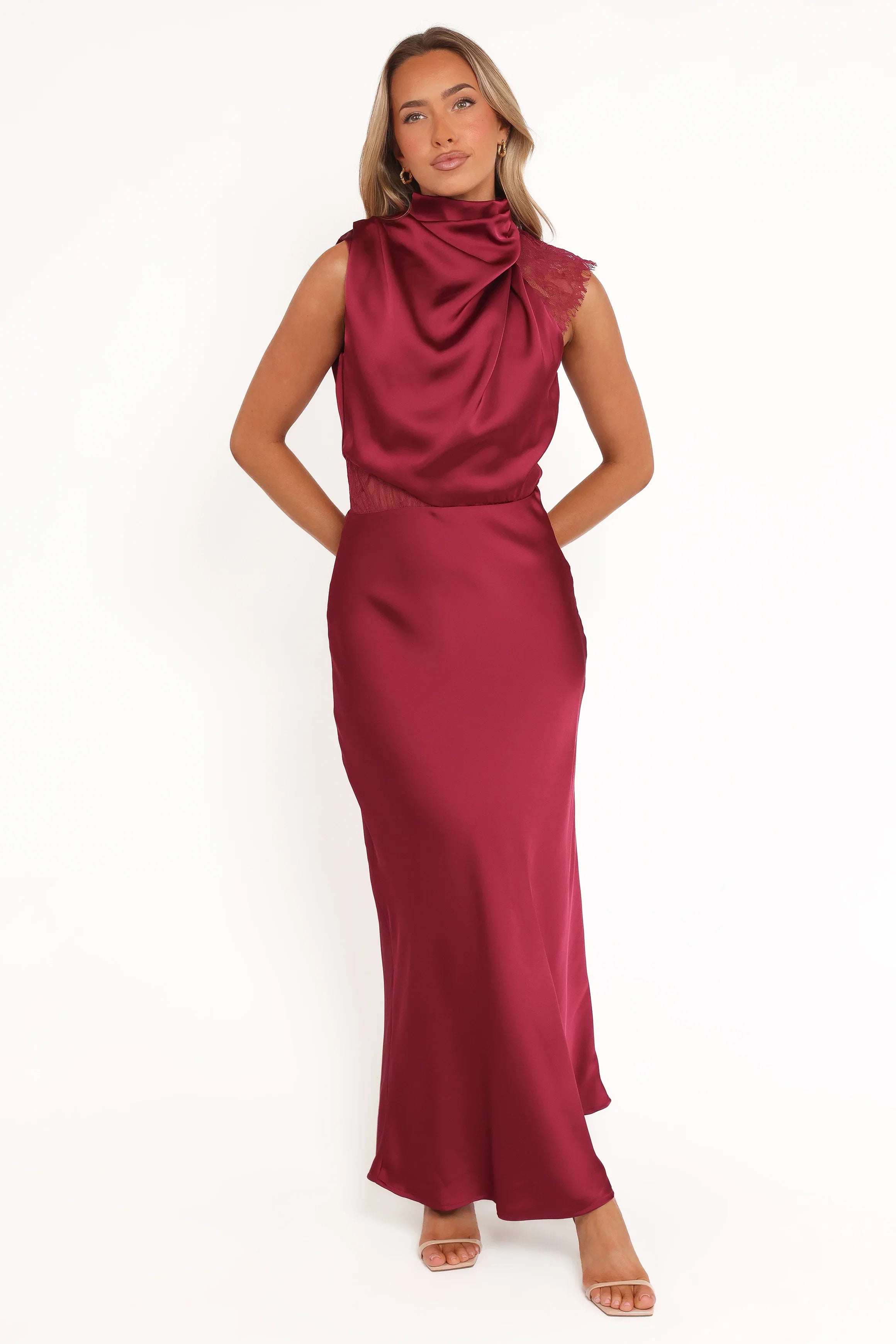 Anabelle Halter Neck Lace Maxi Dress Berry