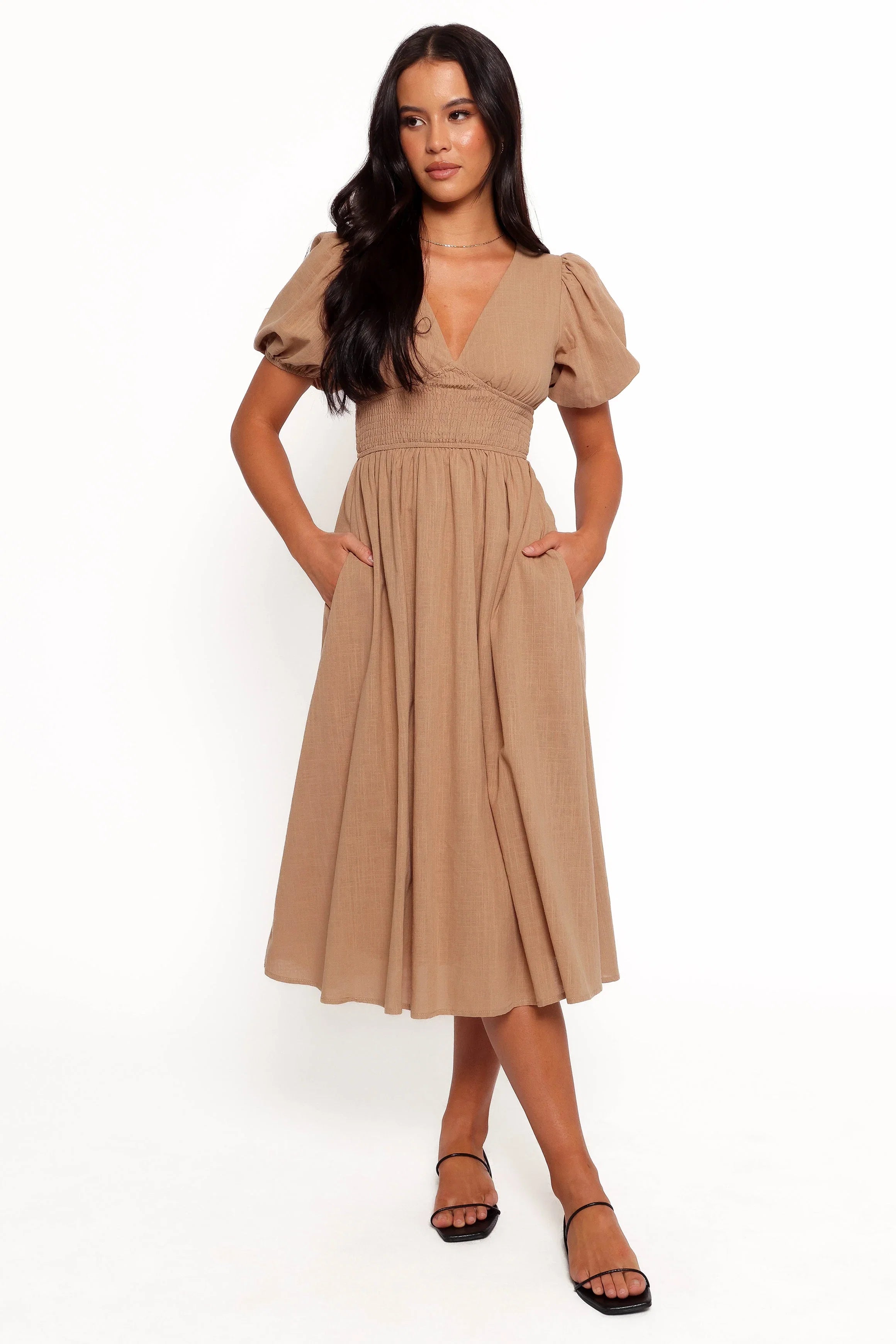 Ronnie Short Sleeve Midi Dress Tan