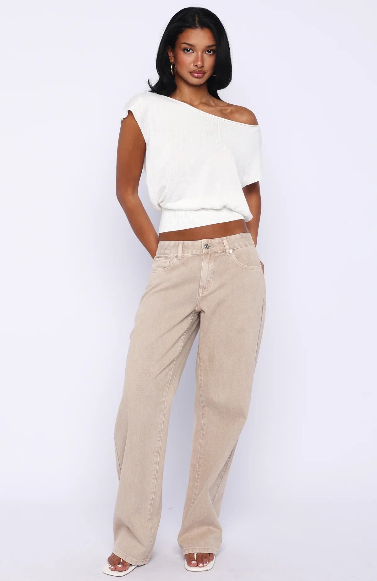 Cant Change My Mind Off Shoulder Cinched Top Off White